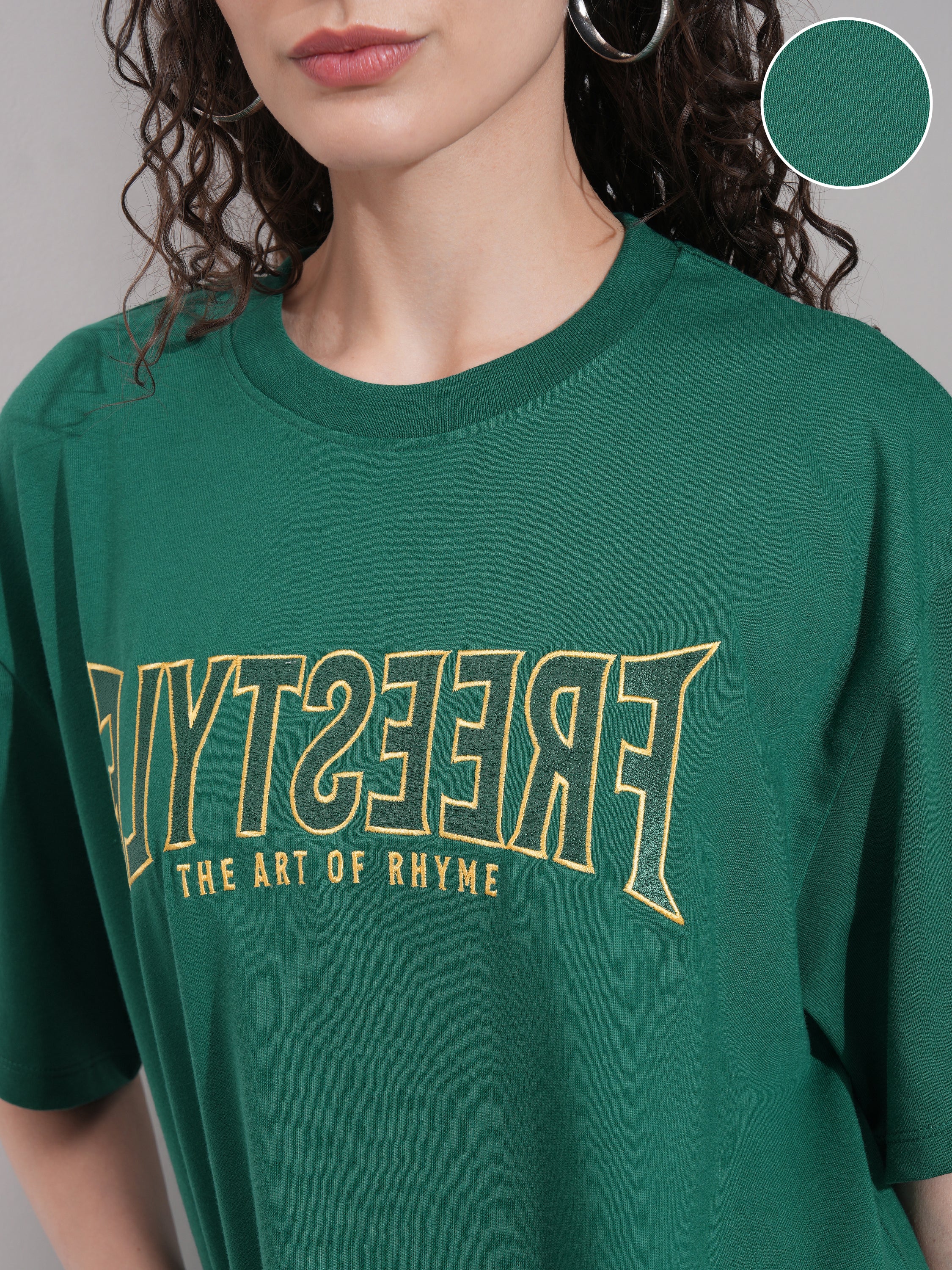 Tokyo Talkies Women Green Self Design Round Neck Oversized Fit T-Shirt - Green - Image 5