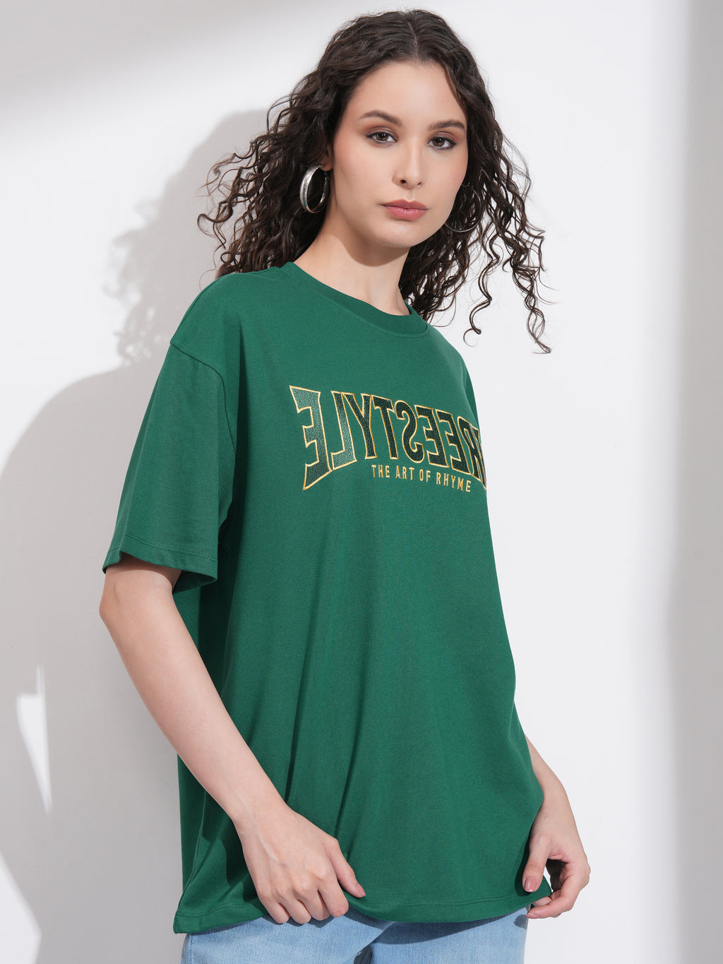Tokyo Talkies Women Green Self Design Round Neck Oversized Fit T-Shirt - Green - Image 6