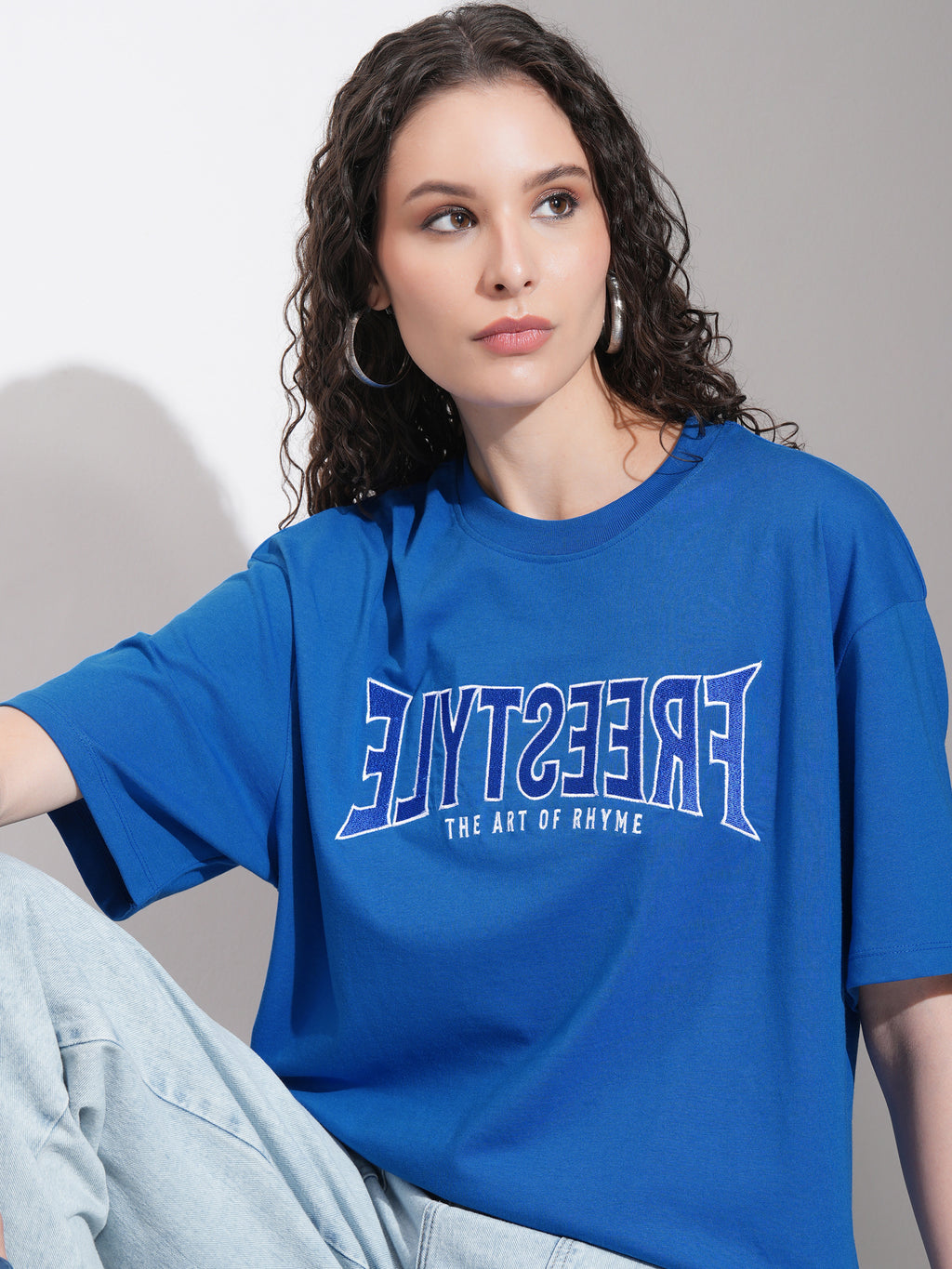 Tokyo Talkies Women Blue Embroidered Round Neck Oversized Fit T-Shirt - Blue - Image 1