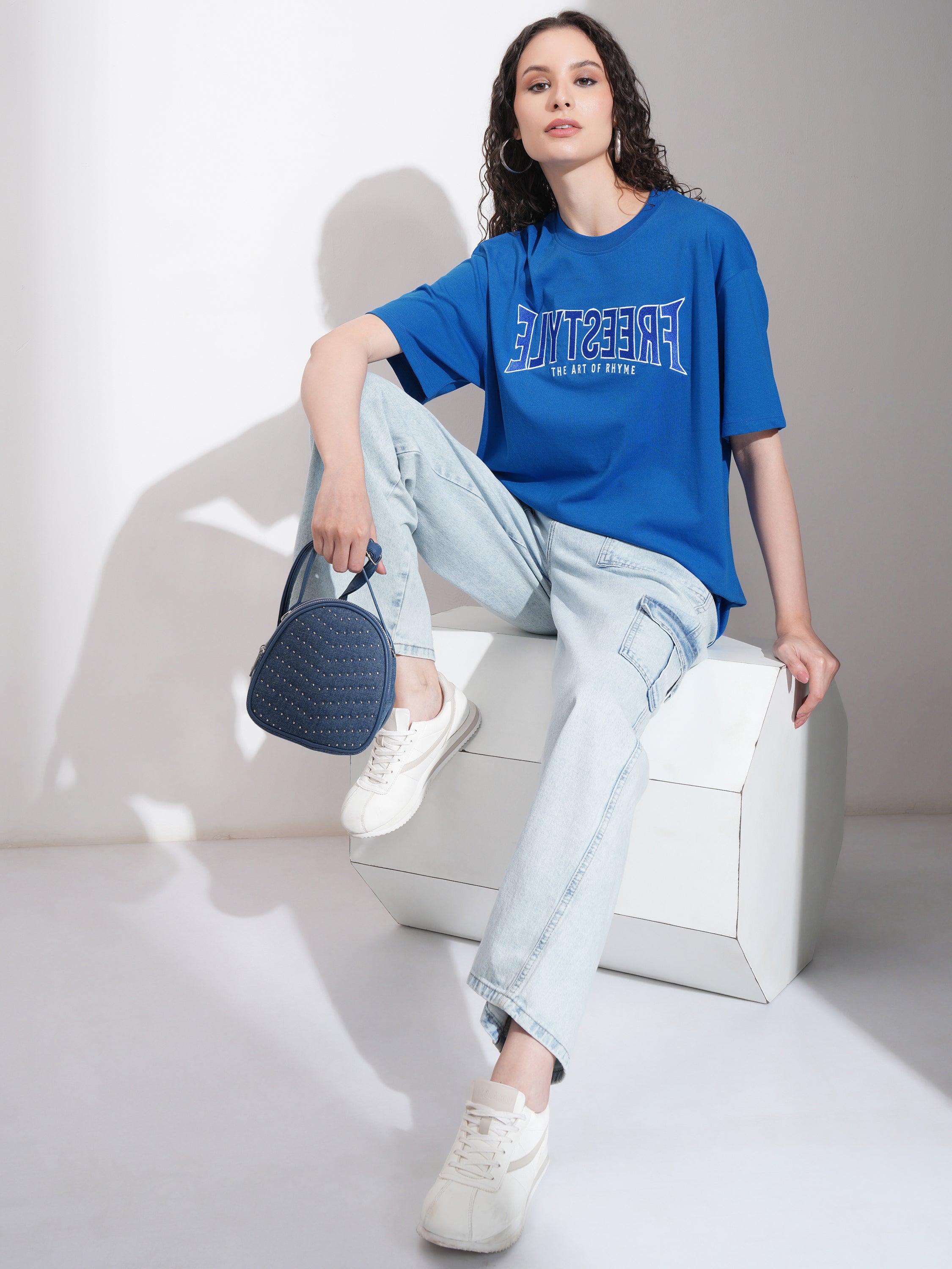 Tokyo Talkies Women Blue Embroidered Round Neck Oversized Fit T-Shirt - Blue - Image 2