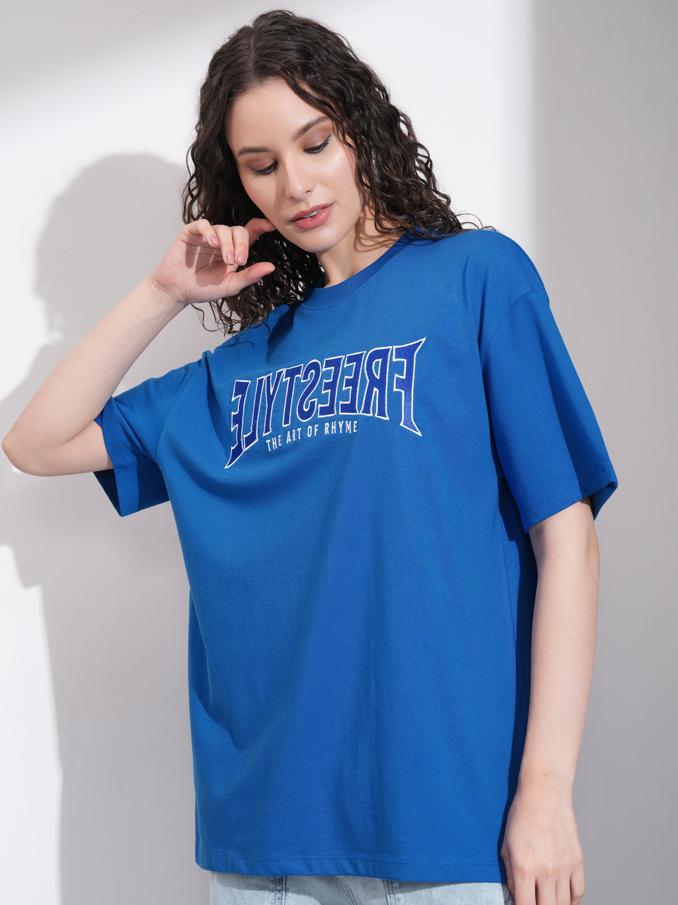 Tokyo Talkies Women Blue Embroidered Round Neck Oversized Fit T-Shirt - Blue - Image 4