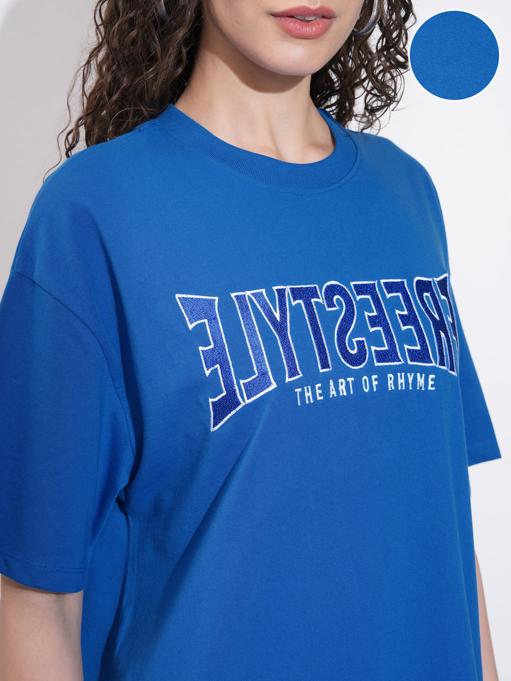 Tokyo Talkies Women Blue Embroidered Round Neck Oversized Fit T-Shirt - Blue - Image 5