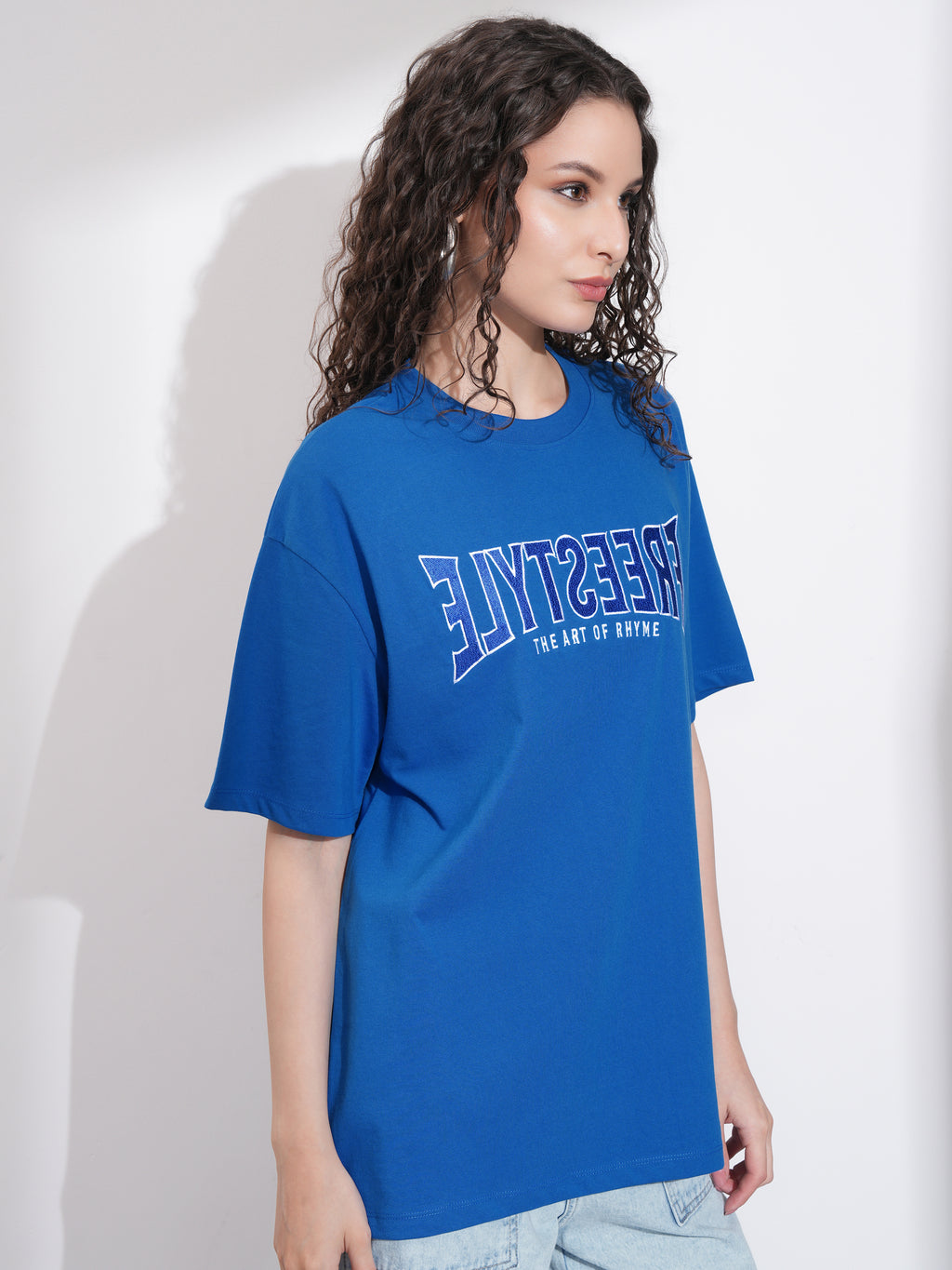 Tokyo Talkies Women Blue Embroidered Round Neck Oversized Fit T-Shirt - Blue - Image 6