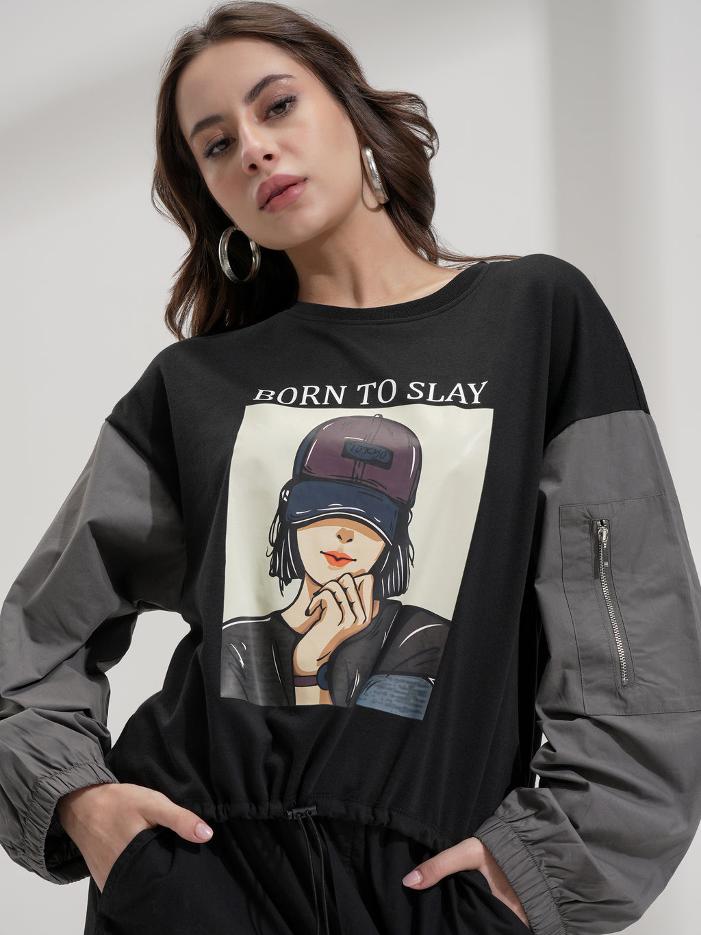 Tokyo Talkies Women Black Printed Round Neck Oversized Fit T-Shirt - Black - Image 1