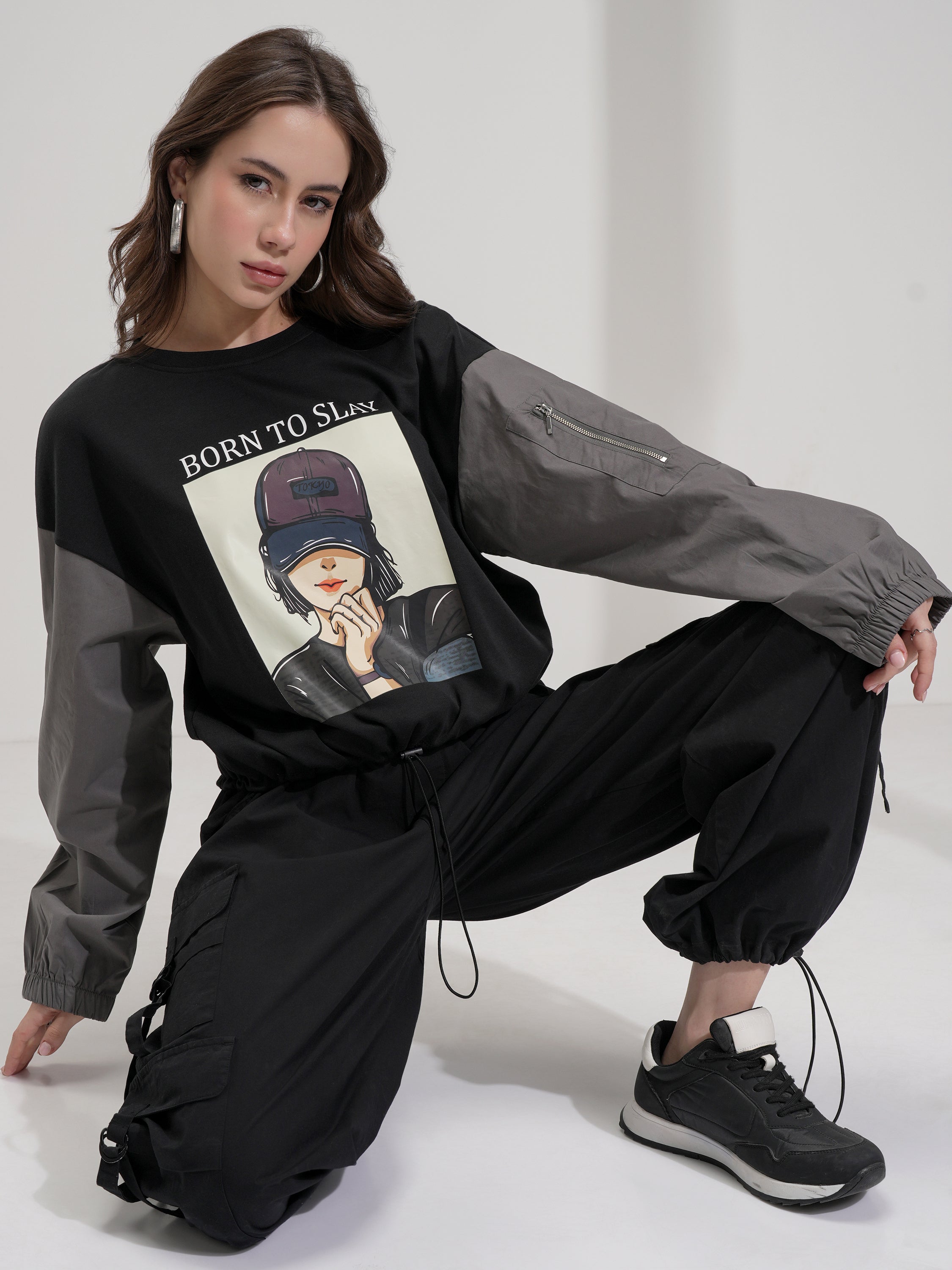 Tokyo Talkies Women Black Printed Round Neck Oversized Fit T-Shirt - Black - Image 2