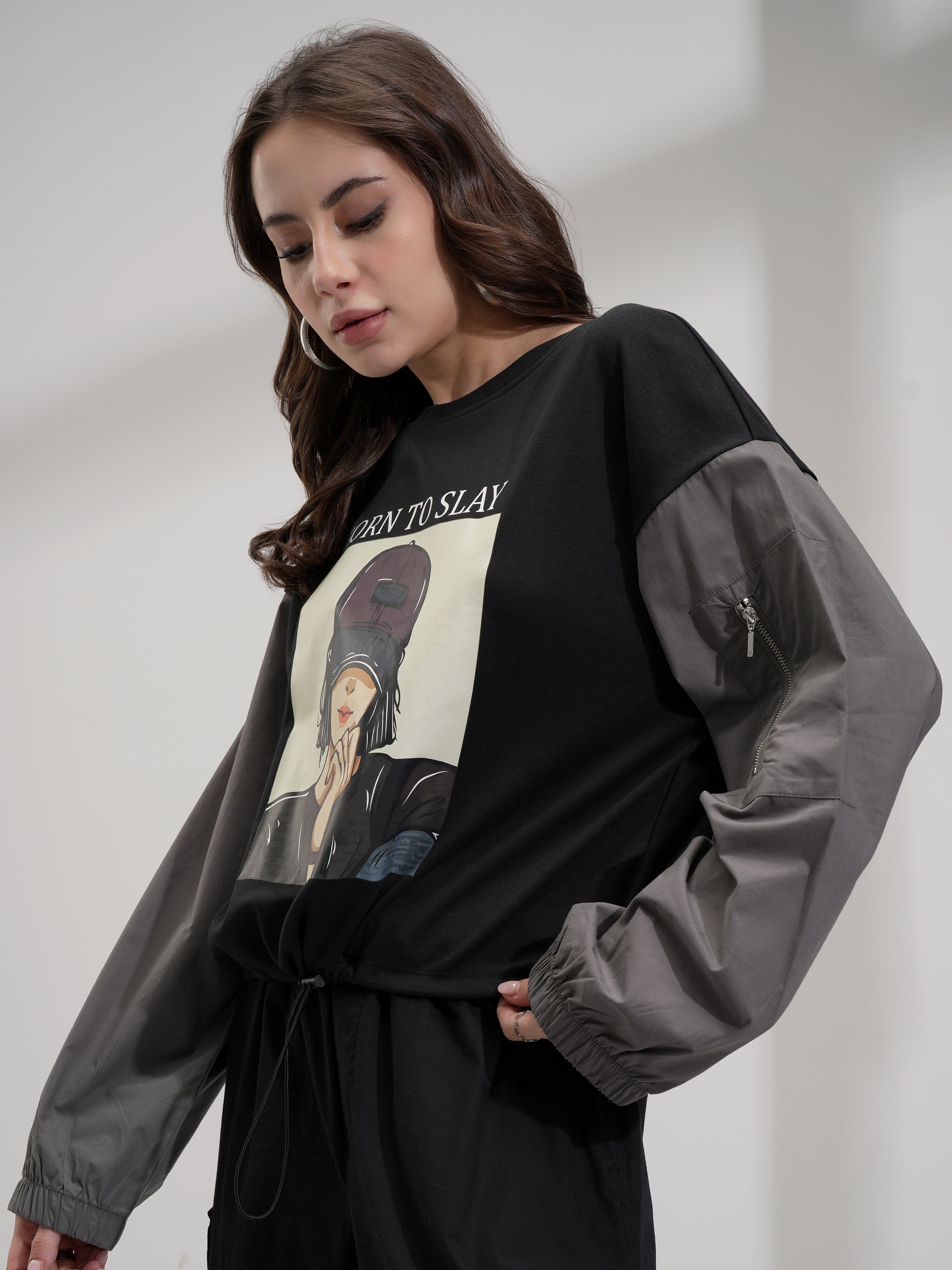 Tokyo Talkies Women Black Printed Round Neck Oversized Fit T-Shirt - Black - Image 4