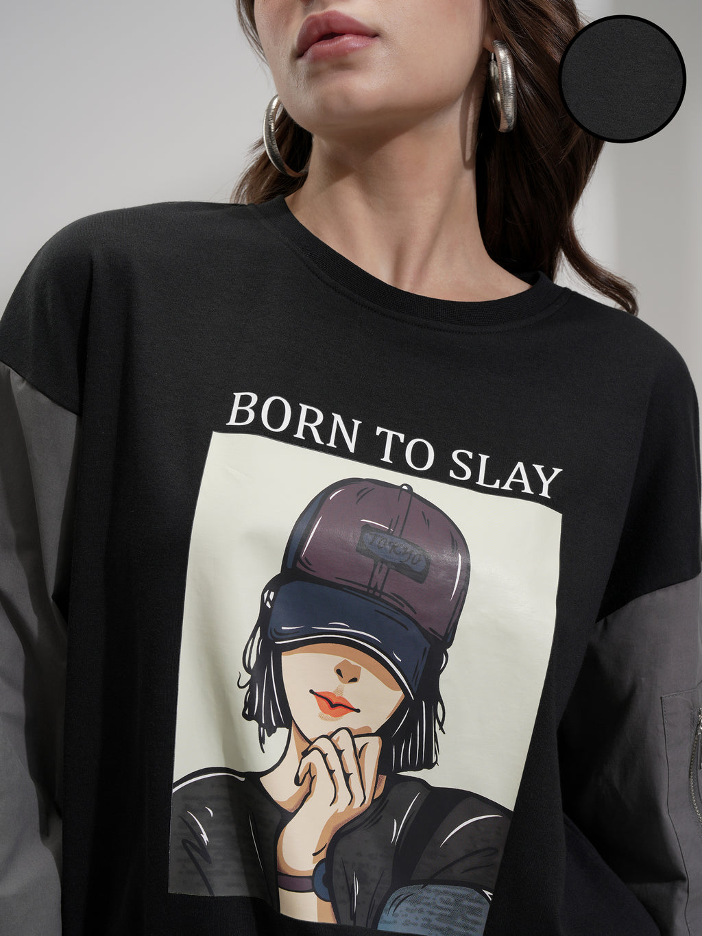 Tokyo Talkies Women Black Printed Round Neck Oversized Fit T-Shirt - Black - Image 5