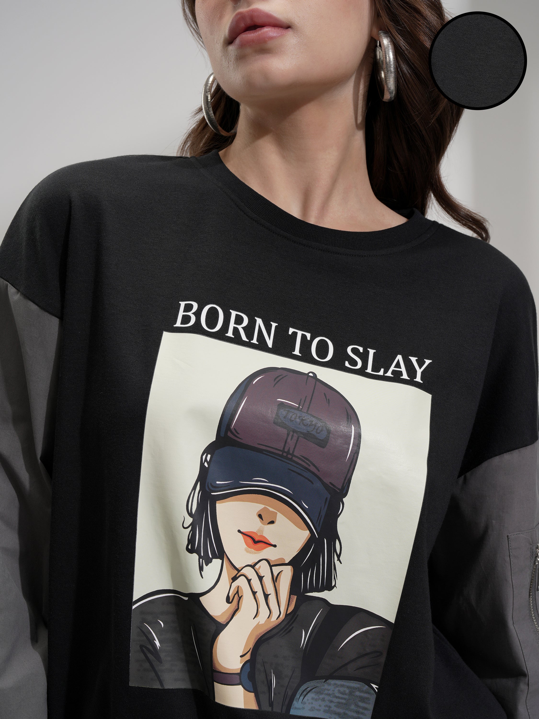 Tokyo Talkies Women Black Printed Round Neck Oversized Fit T-Shirt - Black - Image 5