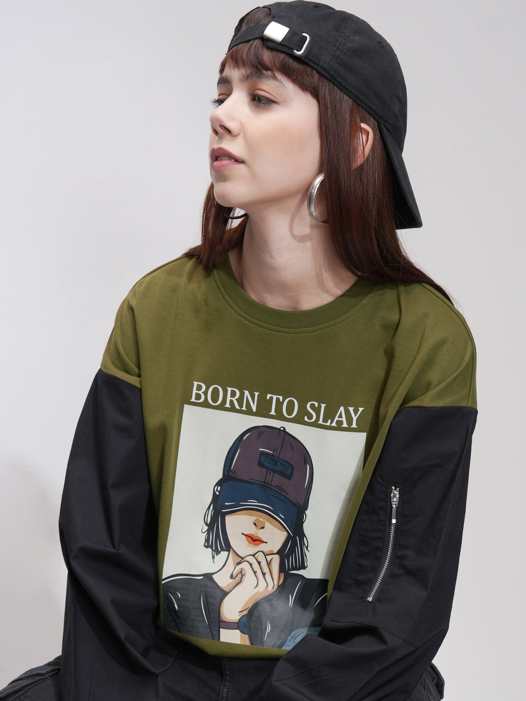 Tokyo Talkies Women Olive Printed Round Neck Oversized Fit T-Shirt - Olive - Image 1