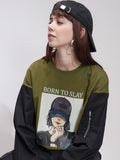 Tokyo Talkies Women Olive Printed Round Neck Oversized Fit T-Shirt - Olive - Image 1