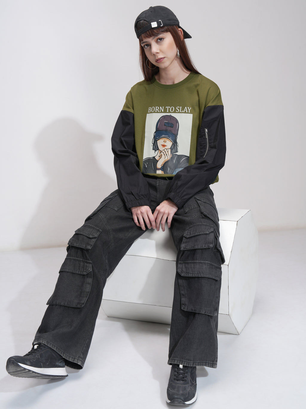Tokyo Talkies Women Olive Printed Round Neck Oversized Fit T-Shirt - Olive - Image 2