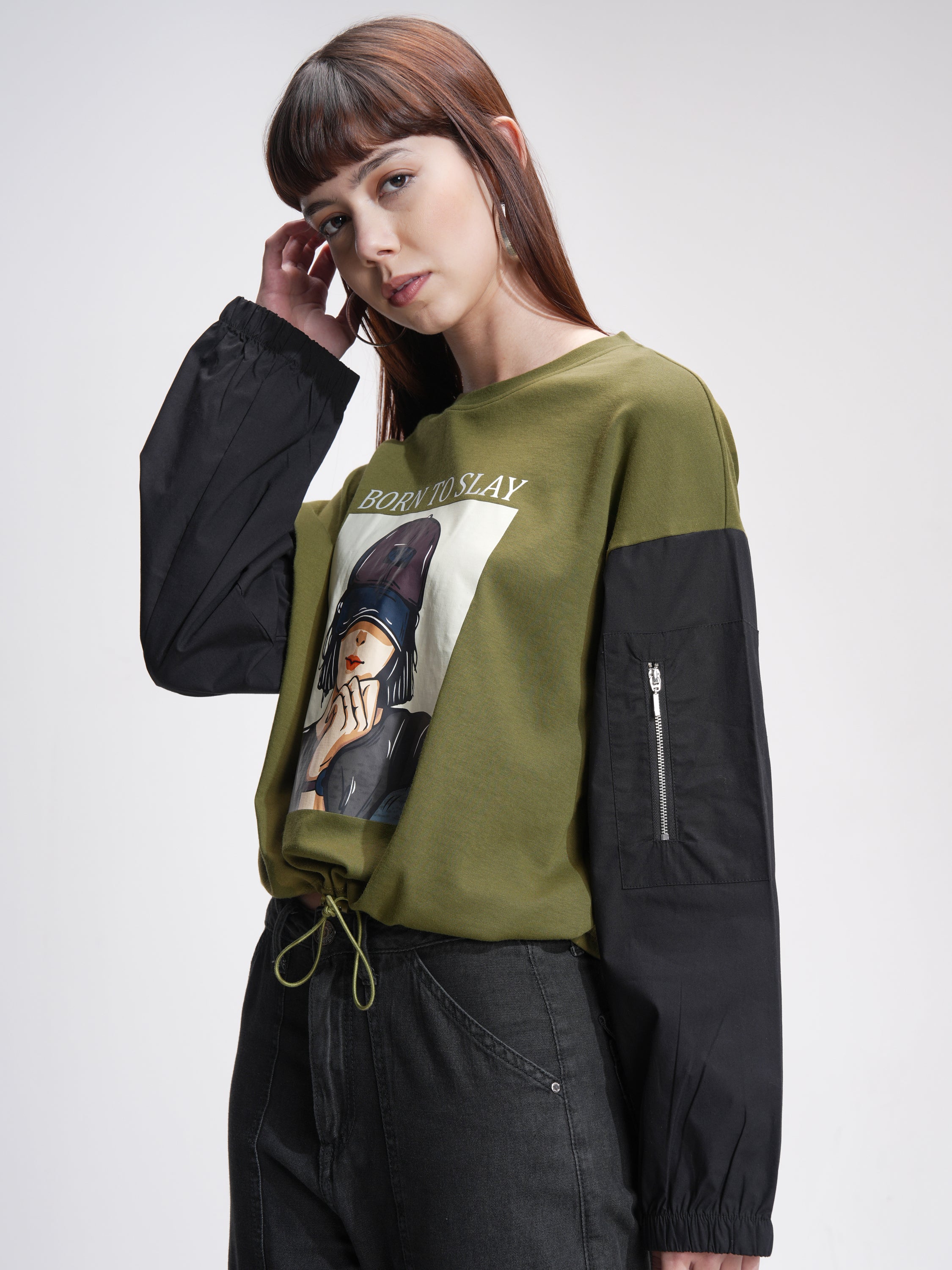 Tokyo Talkies Women Olive Printed Round Neck Oversized Fit T-Shirt - Olive - Image 4