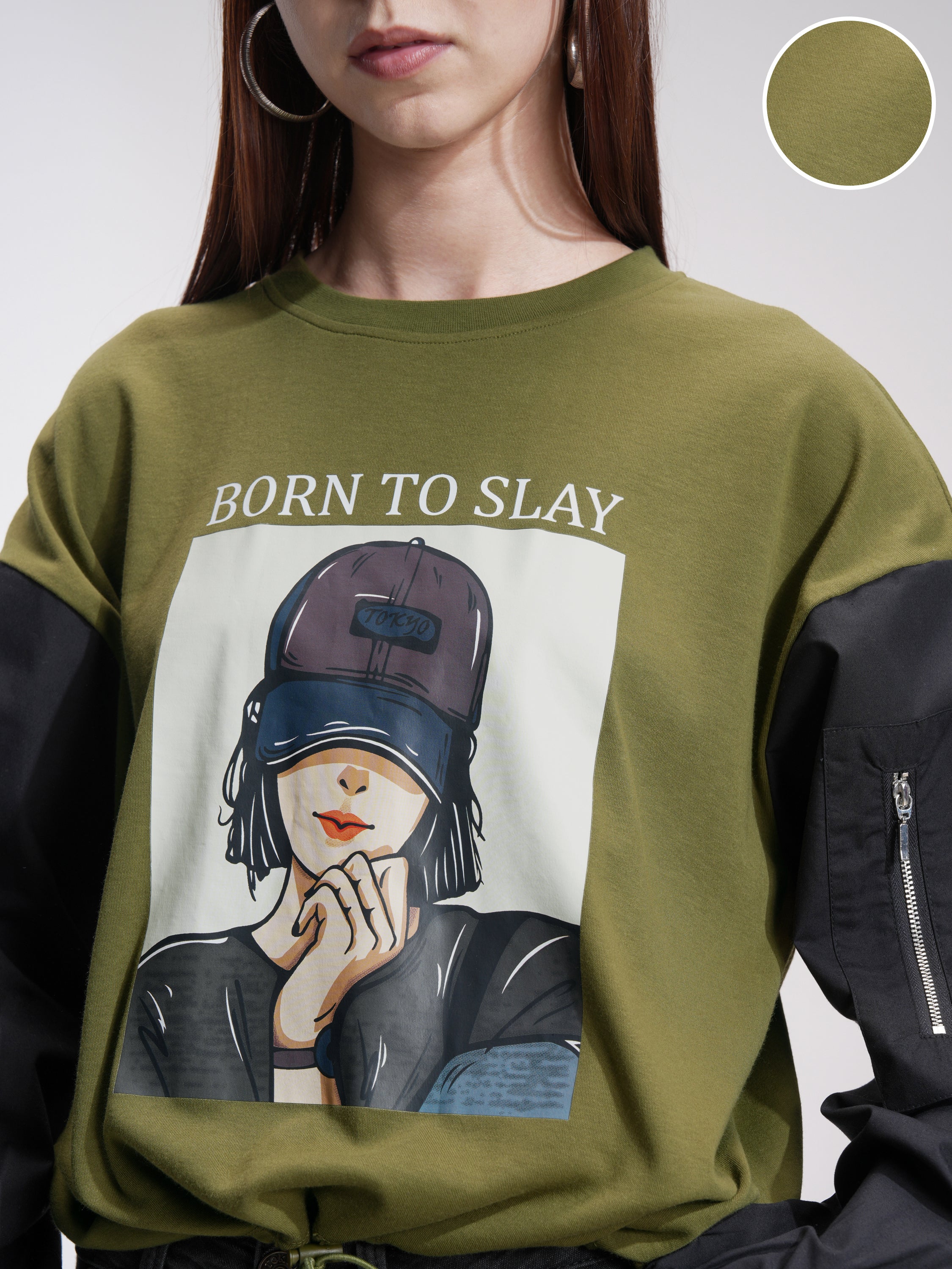 Tokyo Talkies Women Olive Printed Round Neck Oversized Fit T-Shirt - Olive - Image 5