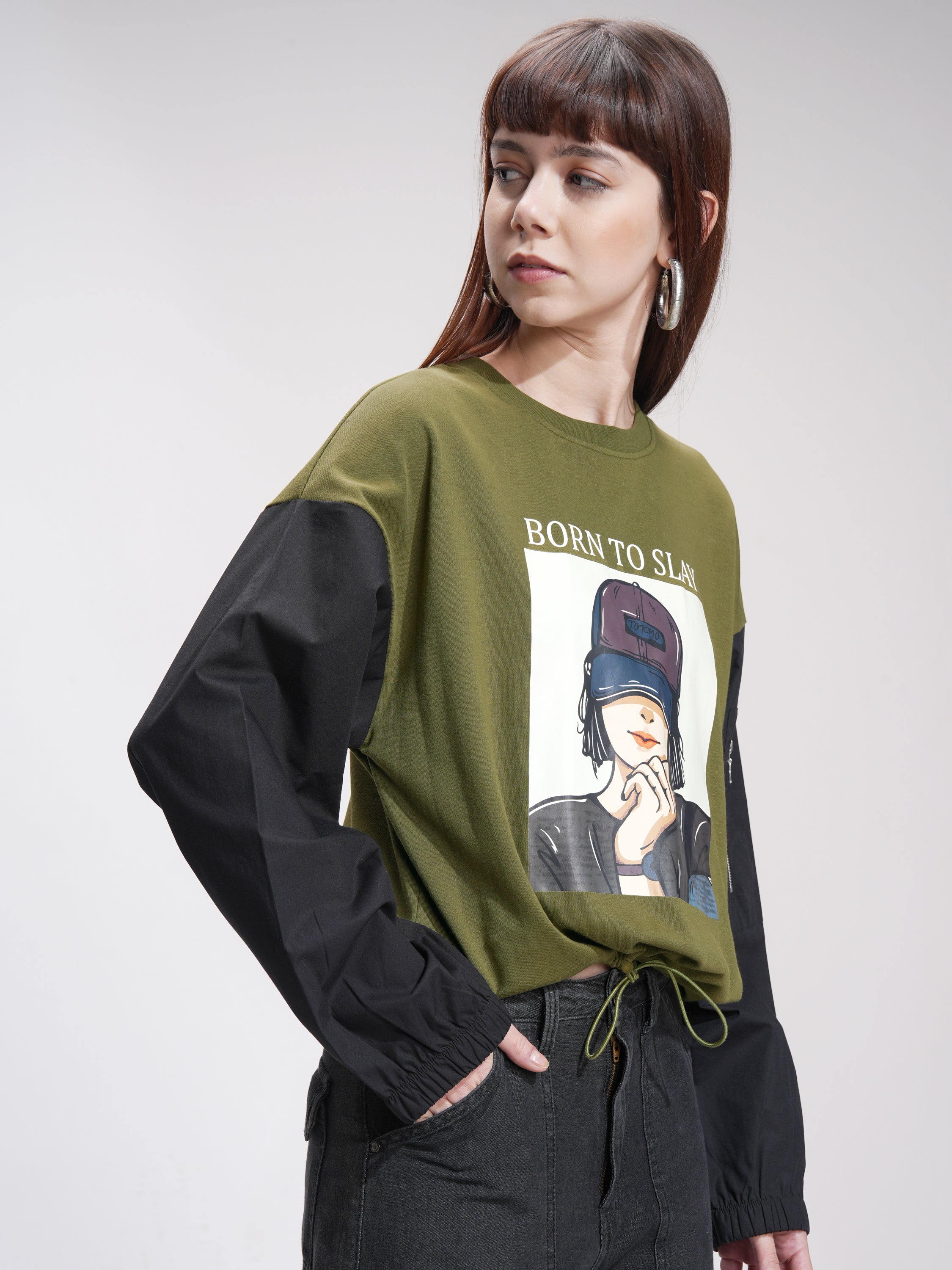 Tokyo Talkies Women Olive Printed Round Neck Oversized Fit T-Shirt - Olive - Image 6