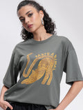 Tokyo Talkies Women Grey Printed Round Neck Oversized Fit T-Shirt - Grey - Image 1