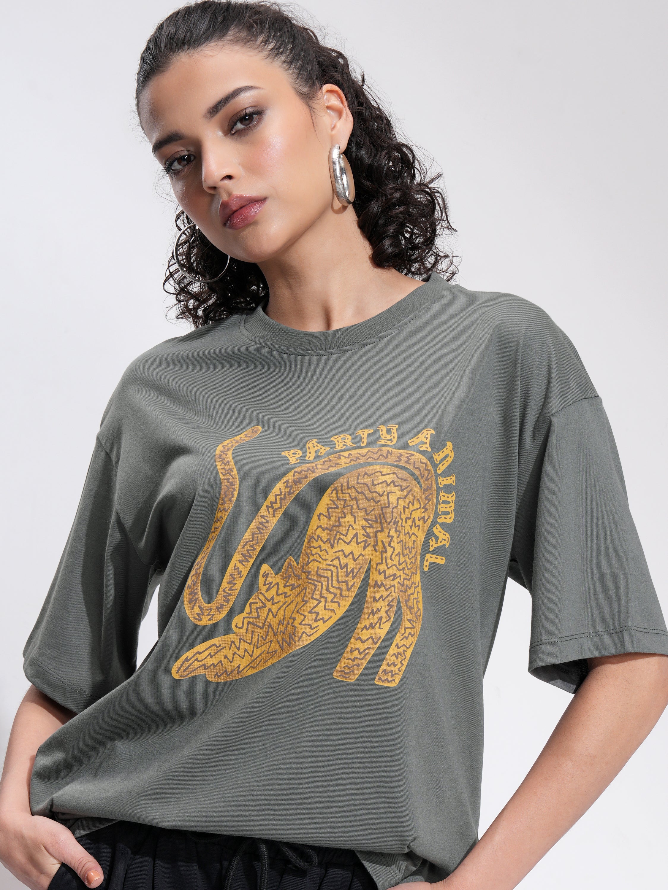Tokyo Talkies Women Grey Printed Round Neck Oversized Fit T-Shirt - Grey - Image 1