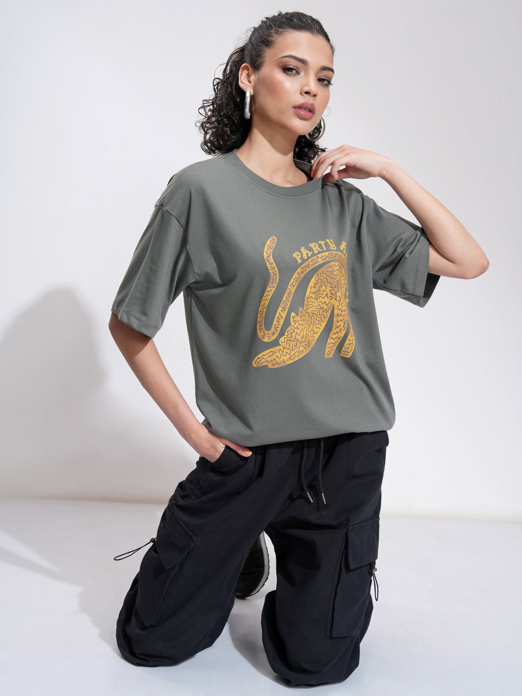 Tokyo Talkies Women Grey Printed Round Neck Oversized Fit T-Shirt - Grey - Image 2