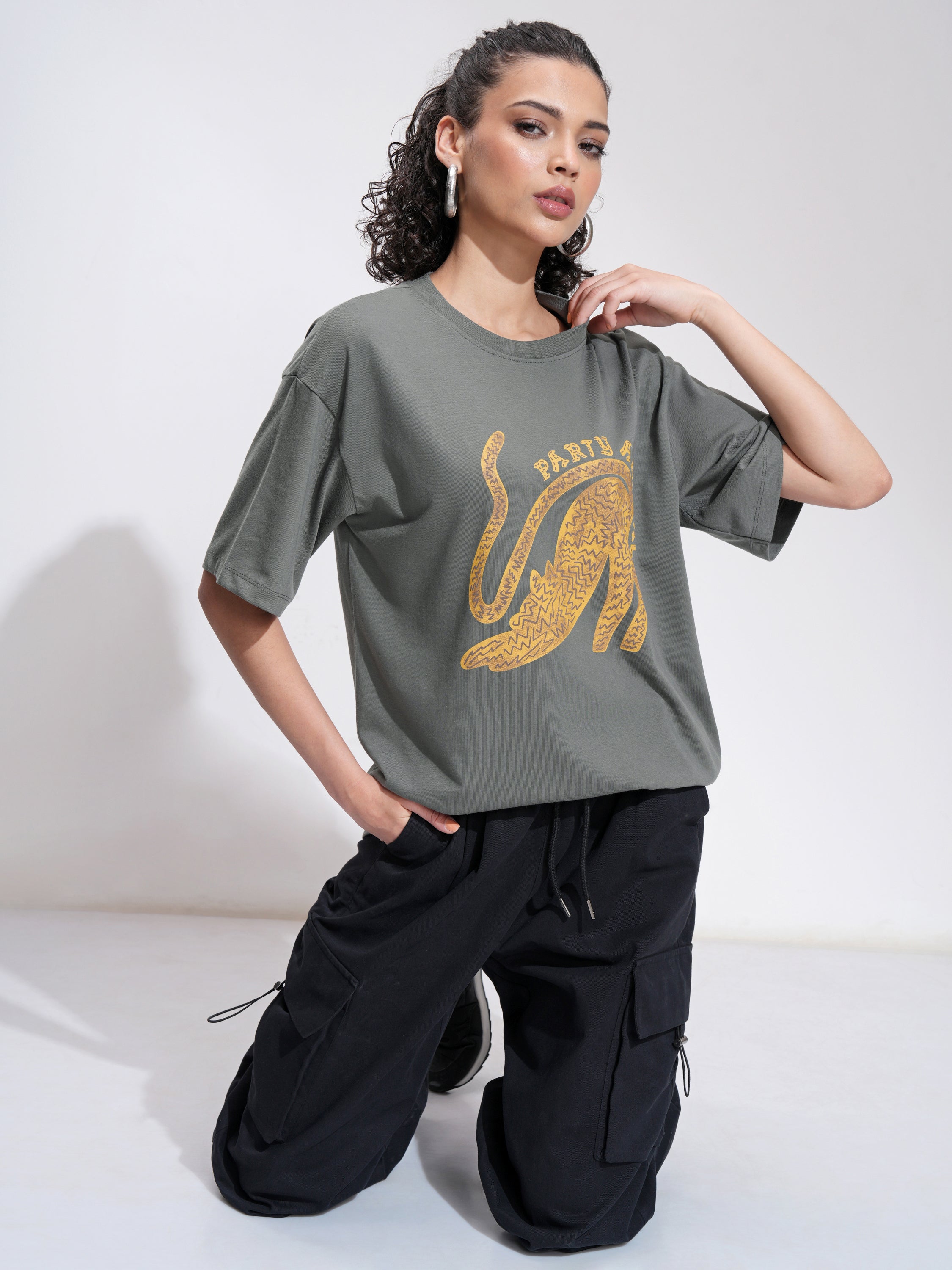Tokyo Talkies Women Grey Printed Round Neck Oversized Fit T-Shirt - Grey - Image 2