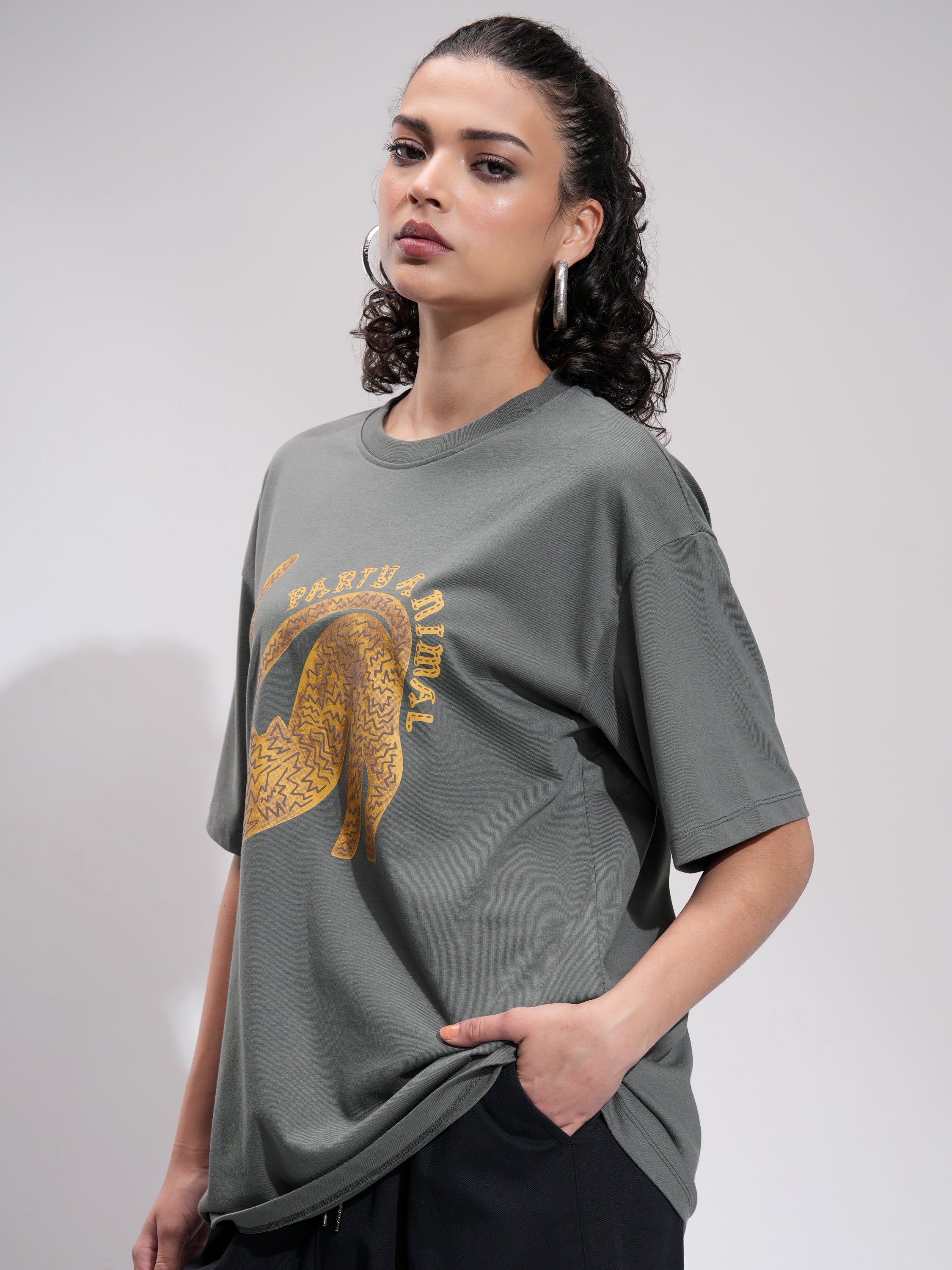 Tokyo Talkies Women Grey Printed Round Neck Oversized Fit T-Shirt - Grey - Image 4