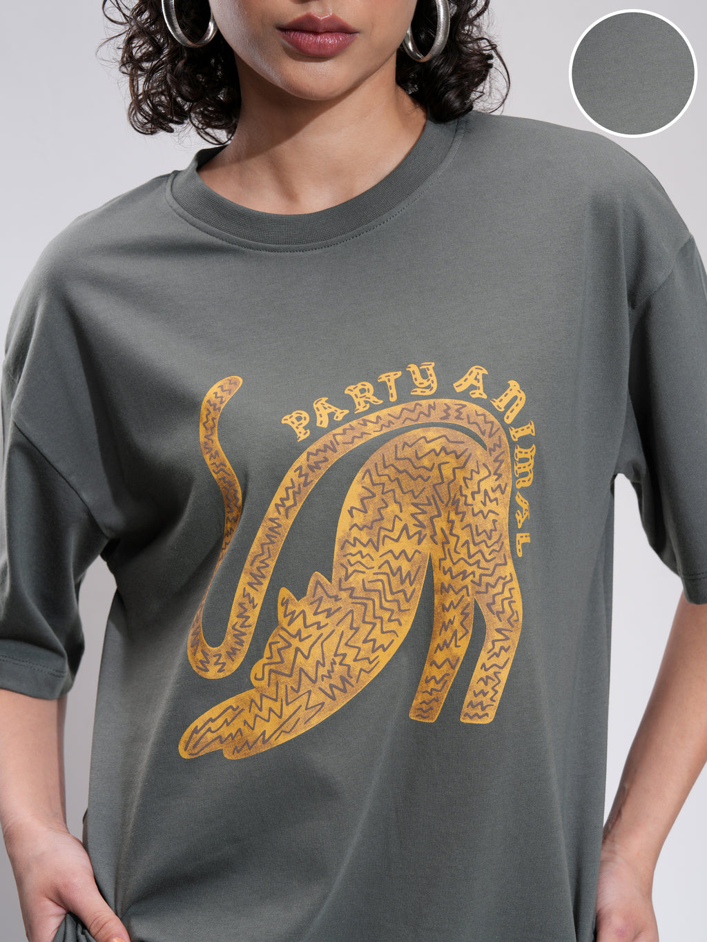 Tokyo Talkies Women Grey Printed Round Neck Oversized Fit T-Shirt - Grey - Image 5
