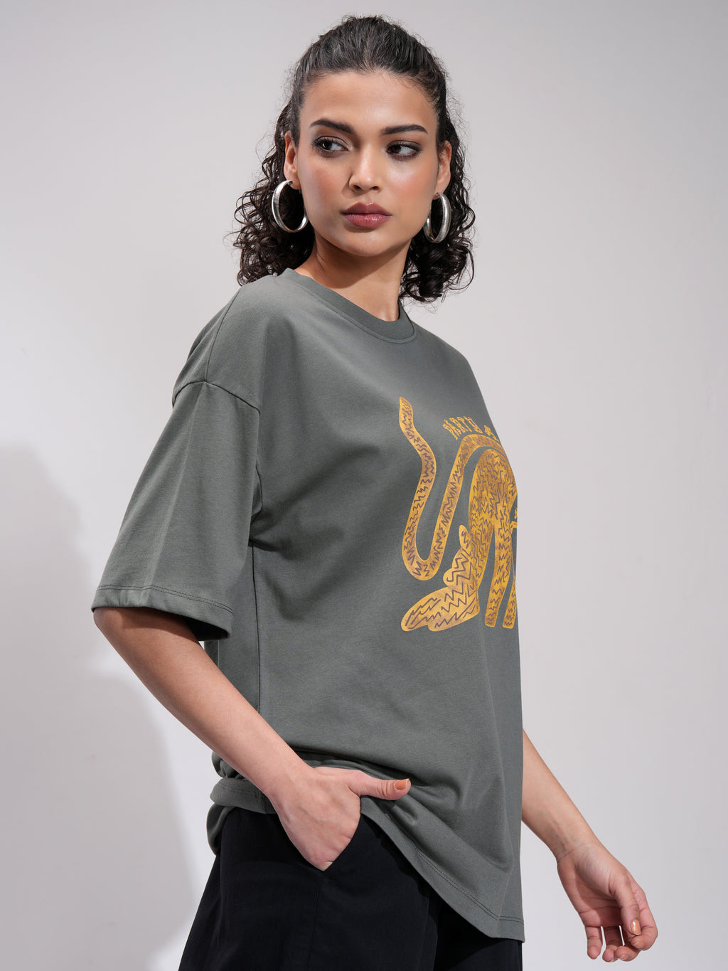 Tokyo Talkies Women Grey Printed Round Neck Oversized Fit T-Shirt - Grey - Image 6