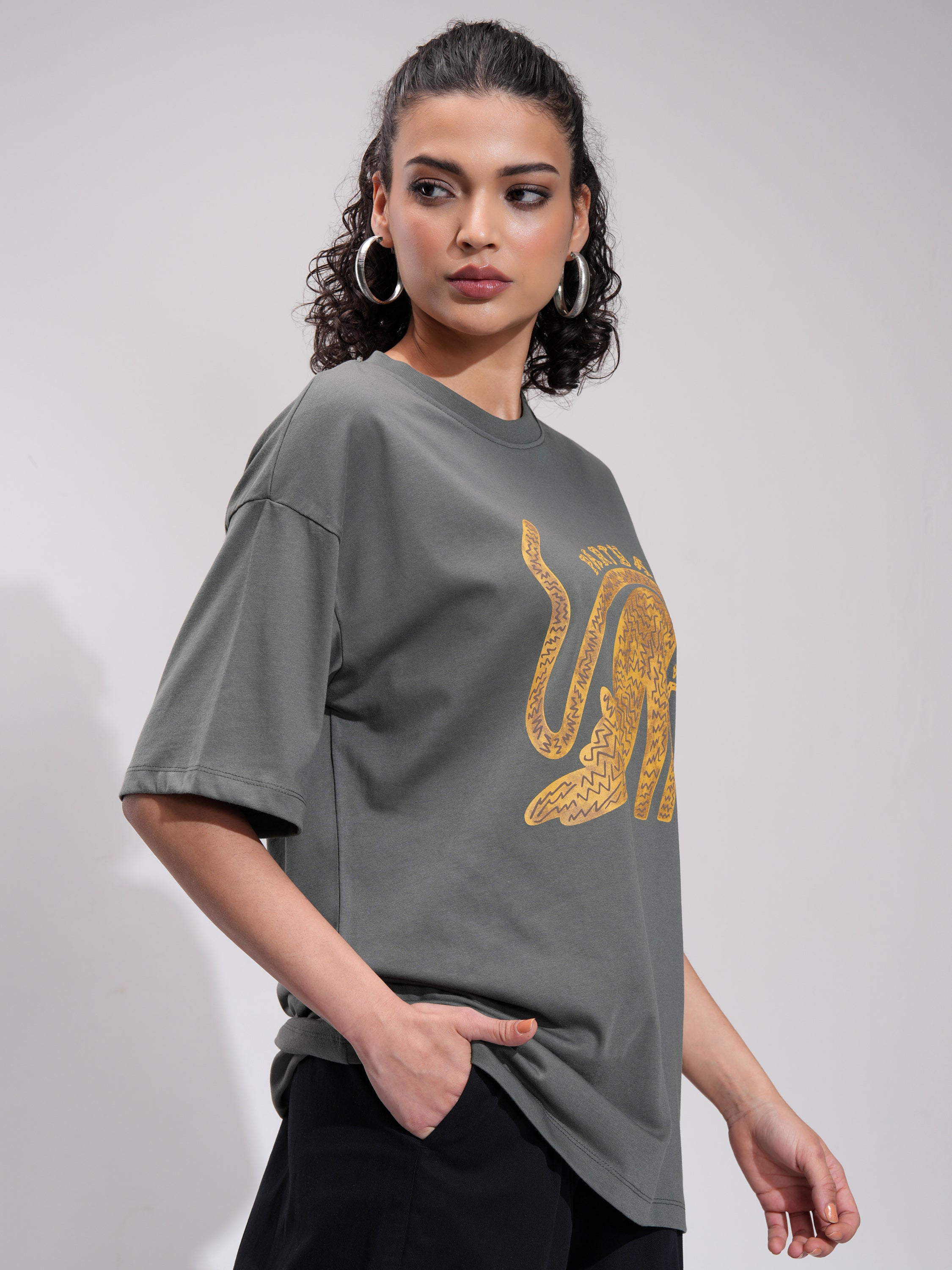 Tokyo Talkies Women Grey Printed Round Neck Oversized Fit T-Shirt - Grey - Image 6