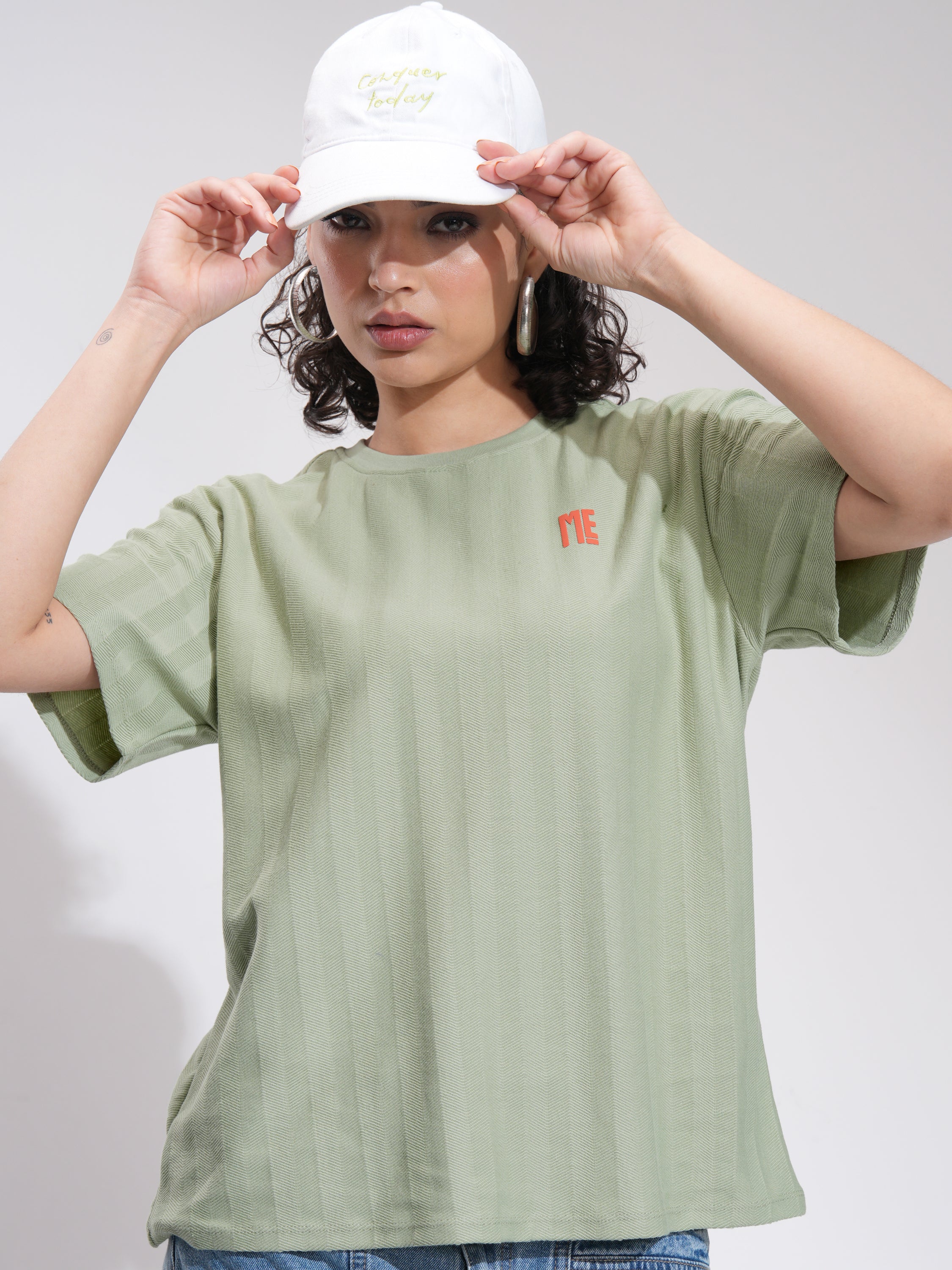 Tokyo Talkies Women Green Printed Round Neck Oversized Fit T-Shirt - Green - Image 1