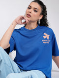 Tokyo Talkies Women Blue Embroidered Round Neck Oversized Fit T-Shirt - Blue - Image 1