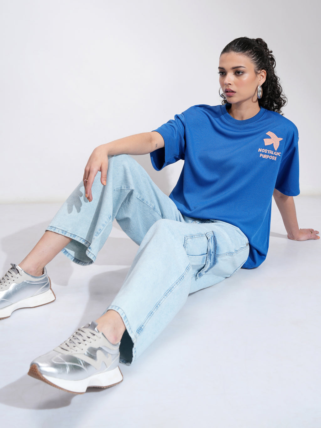Tokyo Talkies Women Blue Embroidered Round Neck Oversized Fit T-Shirt - Blue - Image 2