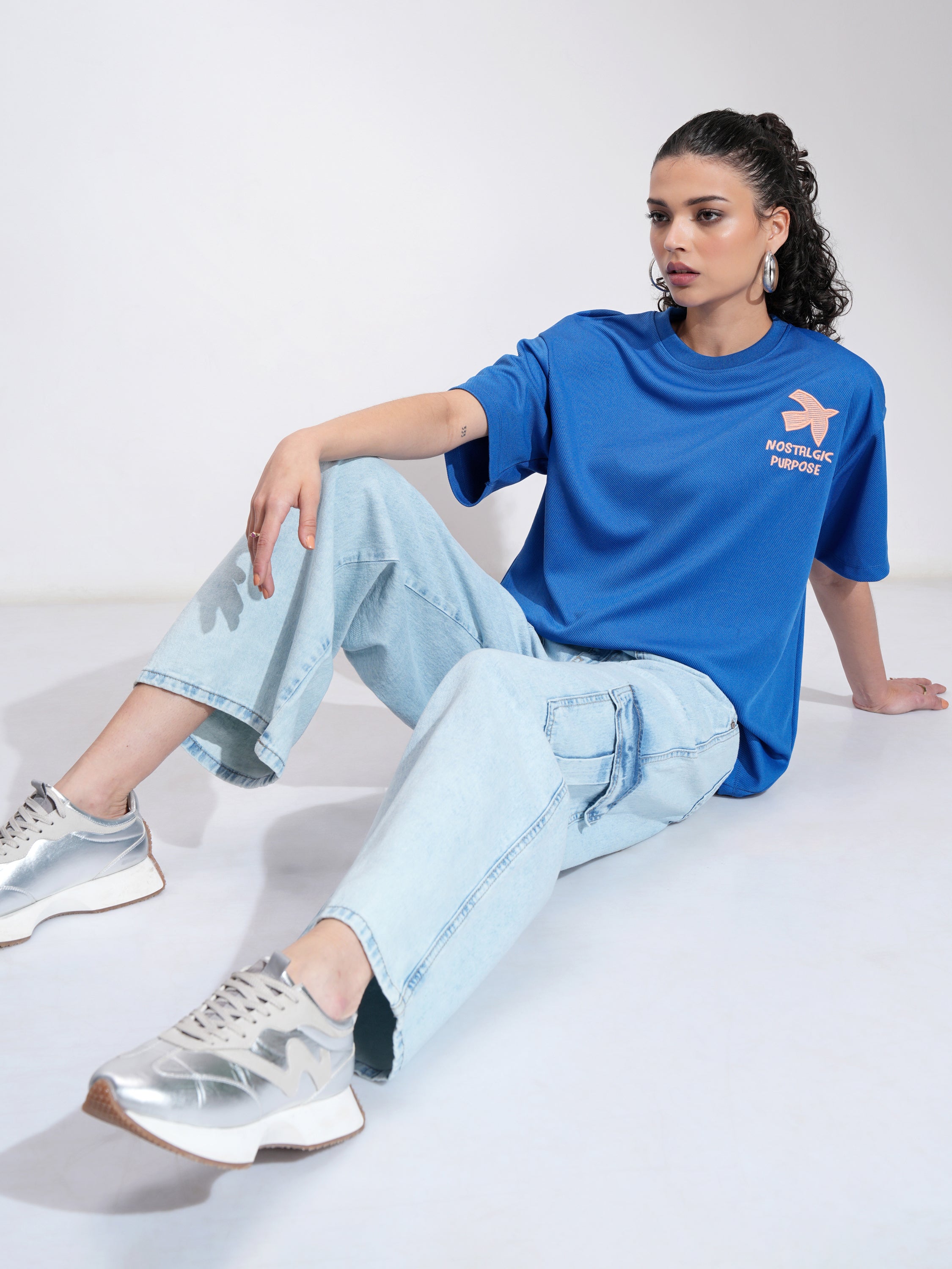 Tokyo Talkies Women Blue Embroidered Round Neck Oversized Fit T-Shirt - Blue - Image 2