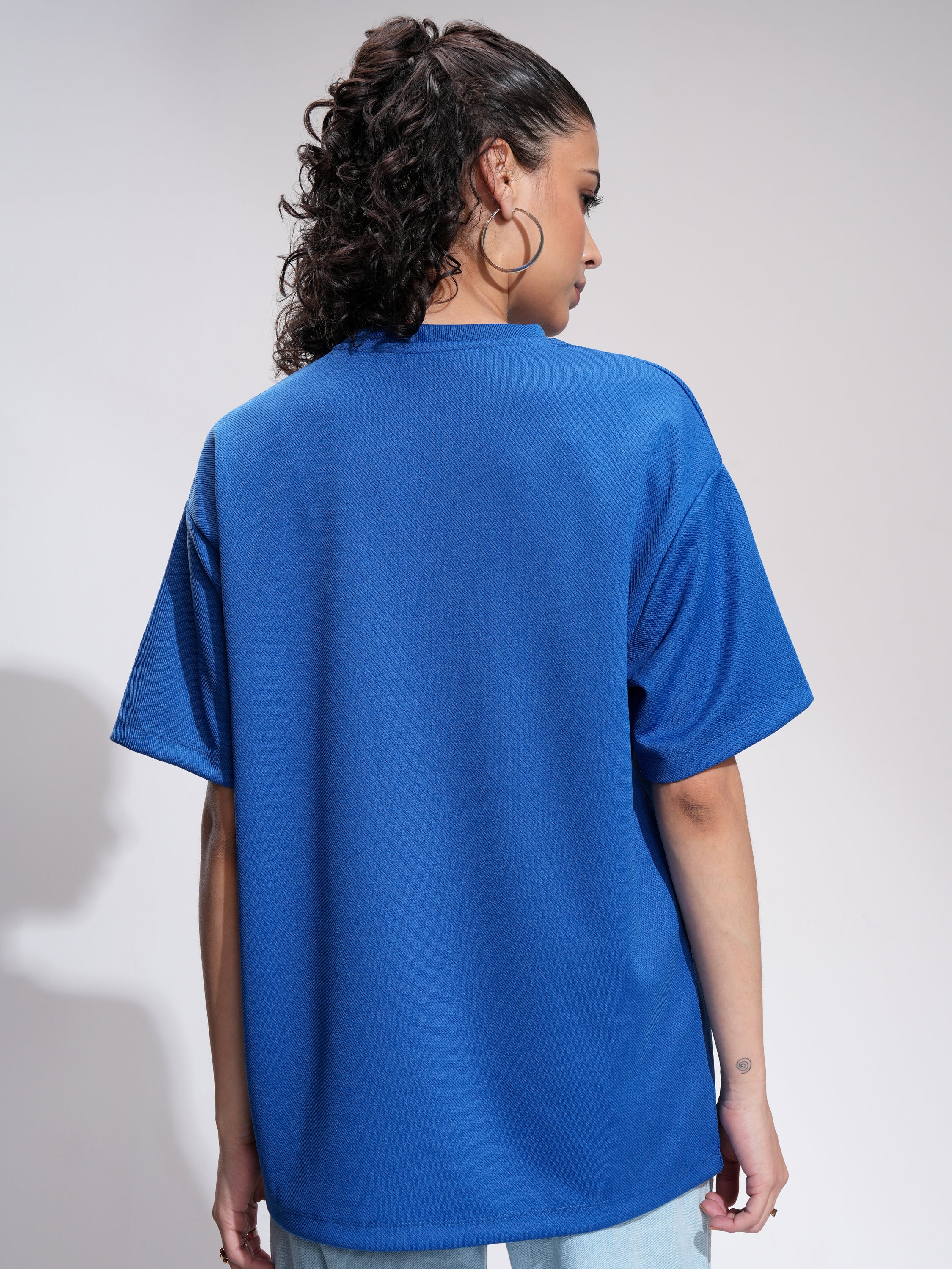 Tokyo Talkies Women Blue Embroidered Round Neck Oversized Fit T-Shirt - Blue - Image 3