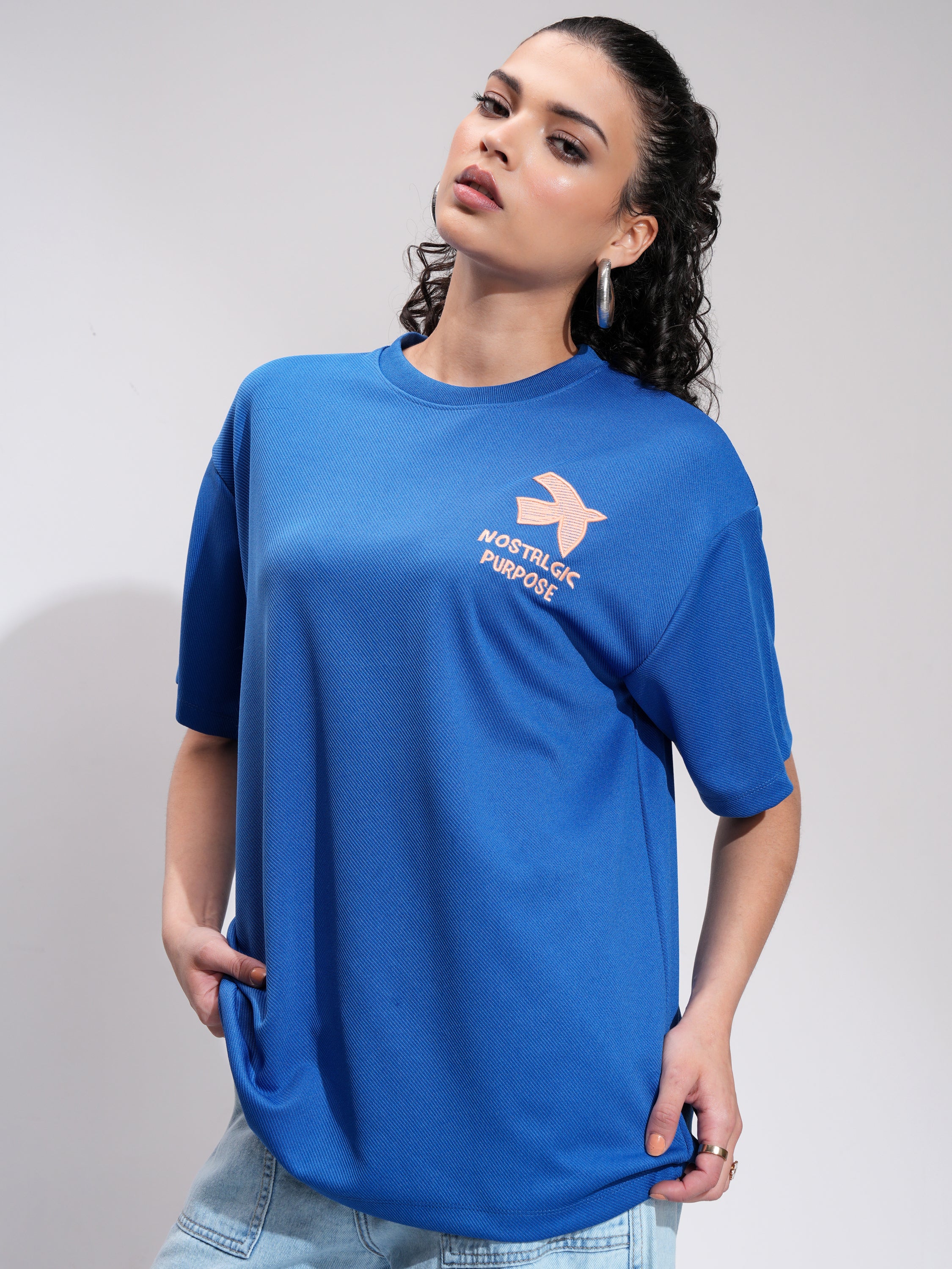 Tokyo Talkies Women Blue Embroidered Round Neck Oversized Fit T-Shirt - Blue - Image 4