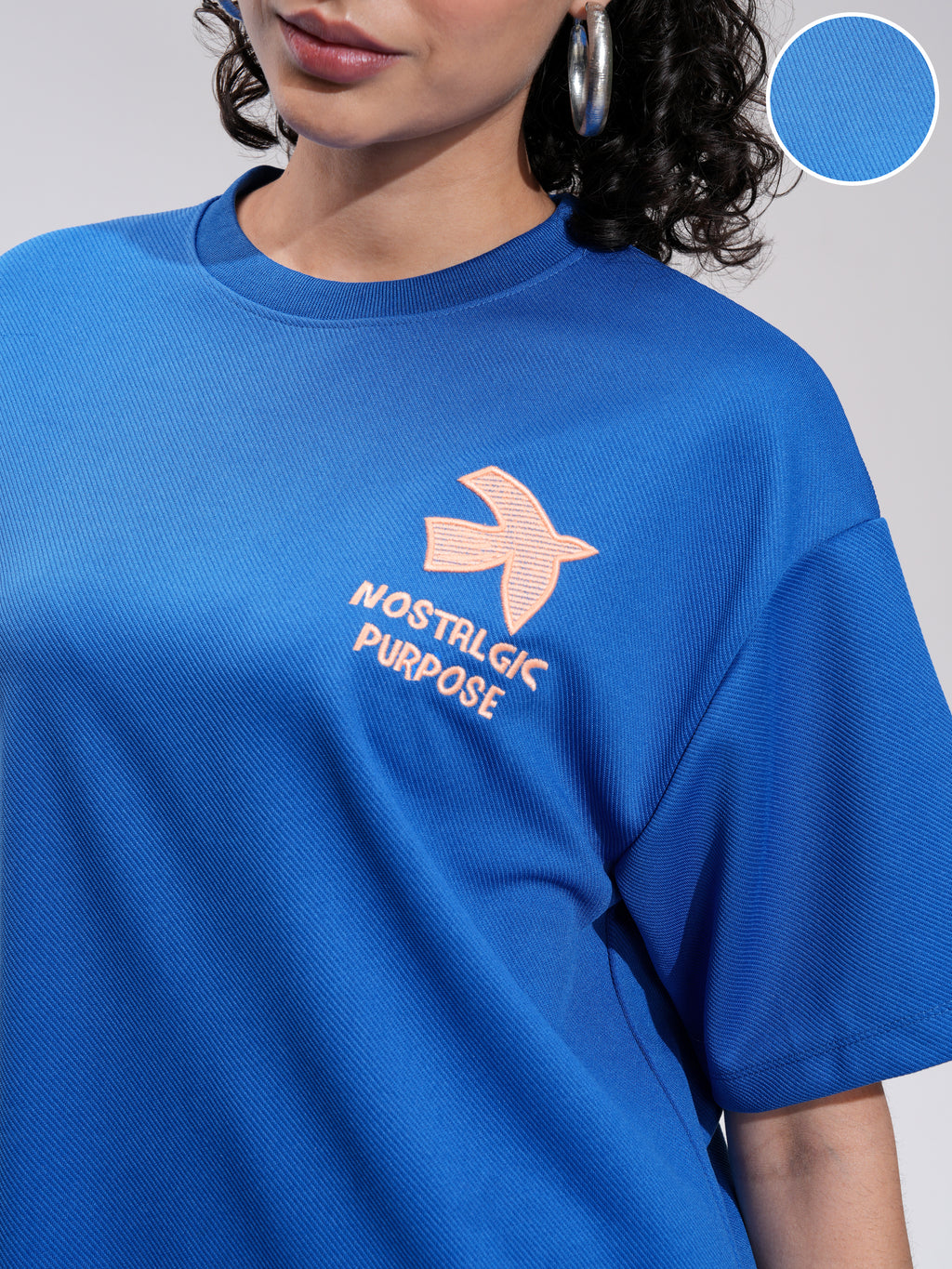 Tokyo Talkies Women Blue Embroidered Round Neck Oversized Fit T-Shirt - Blue - Image 5