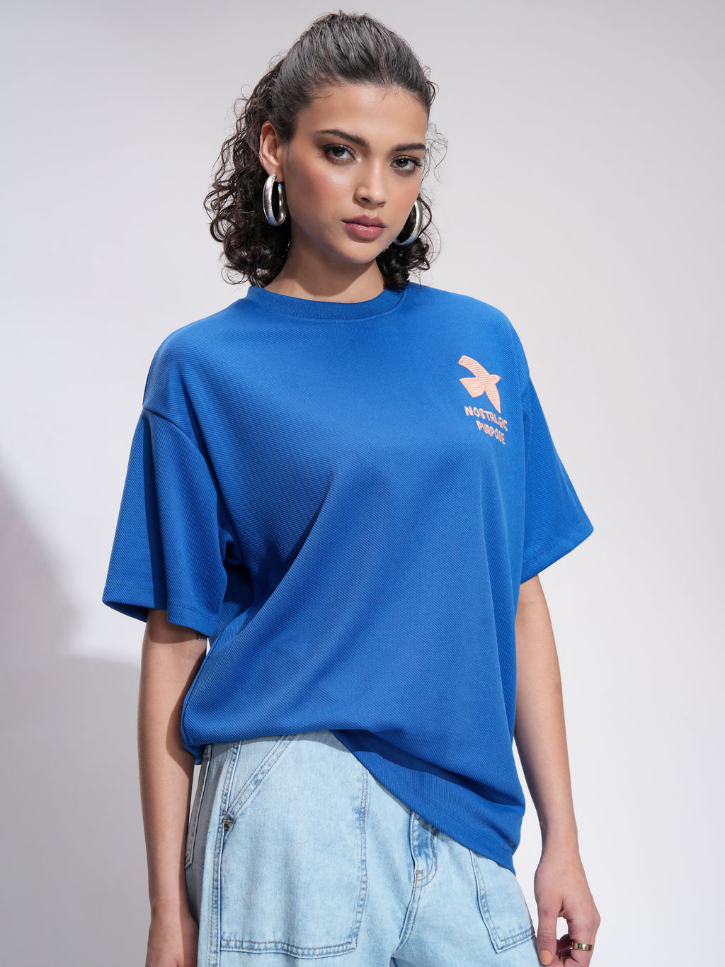 Tokyo Talkies Women Blue Embroidered Round Neck Oversized Fit T-Shirt - Blue - Image 6