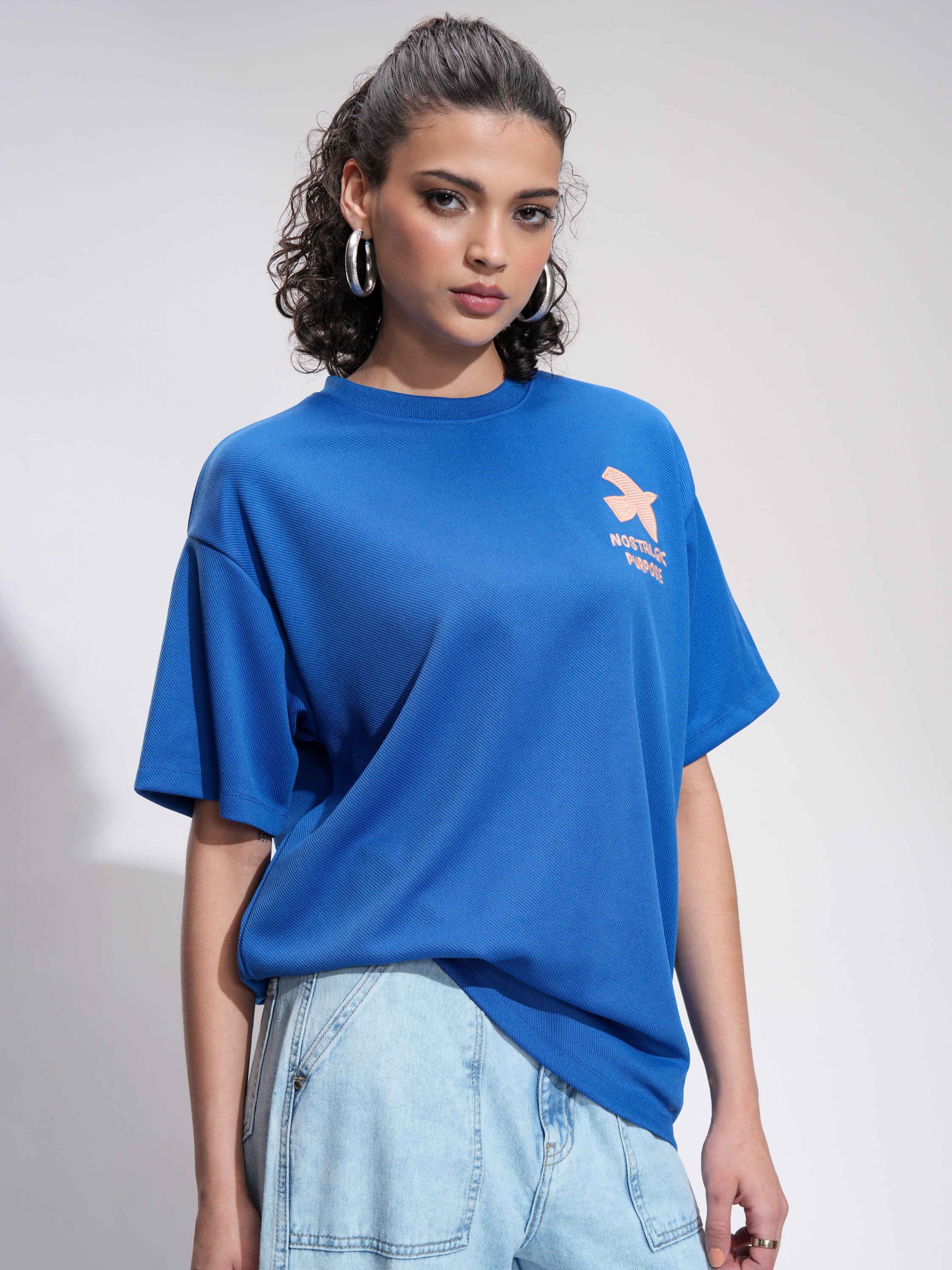 Tokyo Talkies Women Blue Embroidered Round Neck Oversized Fit T-Shirt - Blue - Image 6
