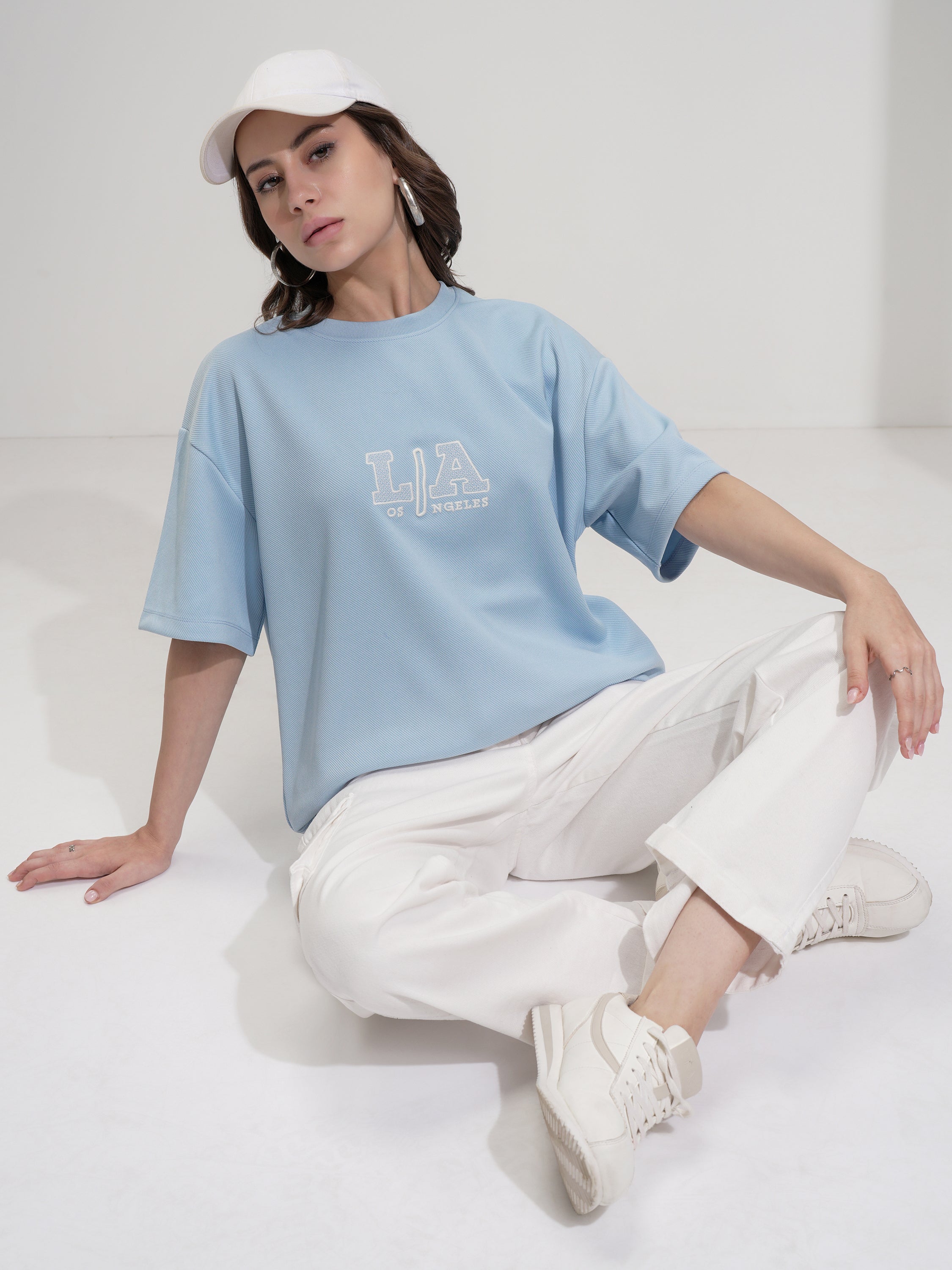 Tokyo Talkies Women Blue Embroidered Round Neck Oversized Fit T-Shirt - Blue - Image 2