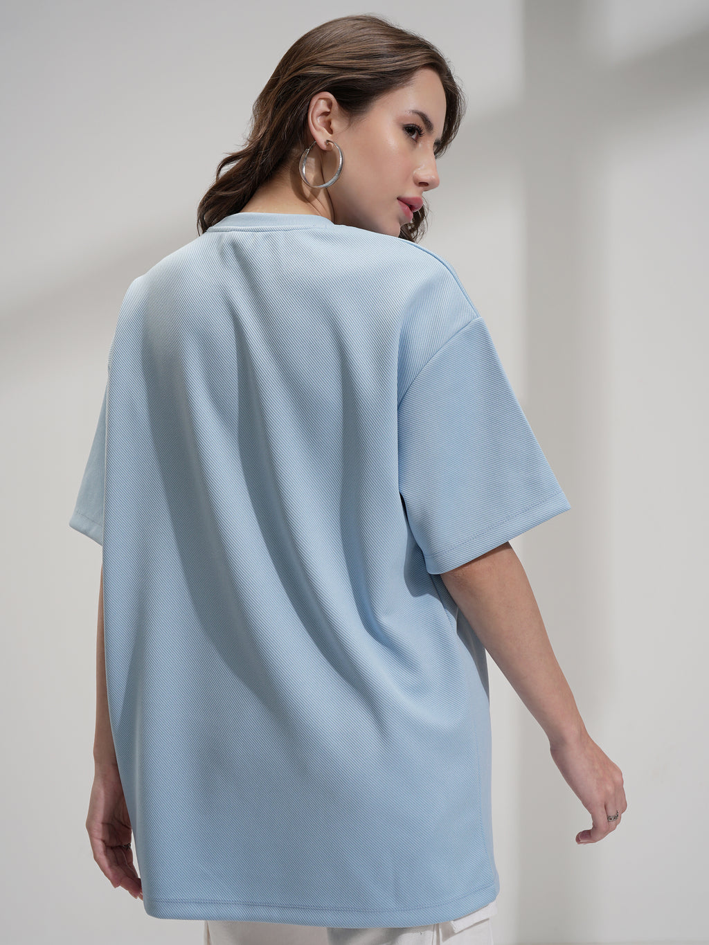 Tokyo Talkies Women Blue Embroidered Round Neck Oversized Fit T-Shirt - Blue - Image 3