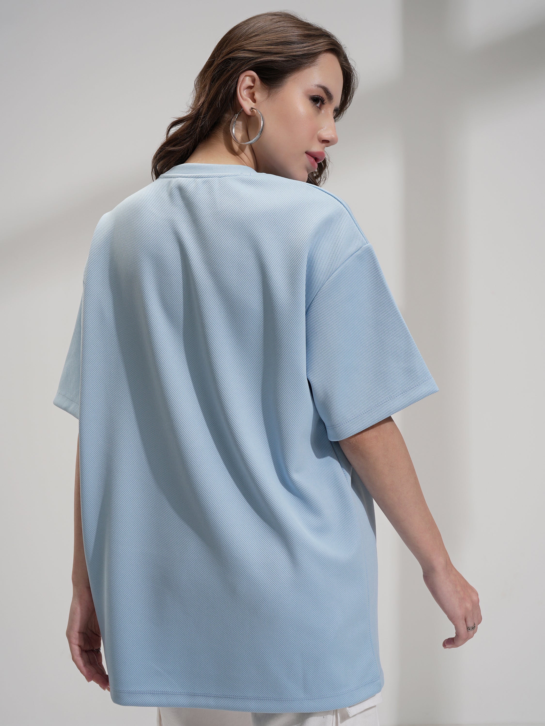 Tokyo Talkies Women Blue Embroidered Round Neck Oversized Fit T-Shirt - Blue - Image 3