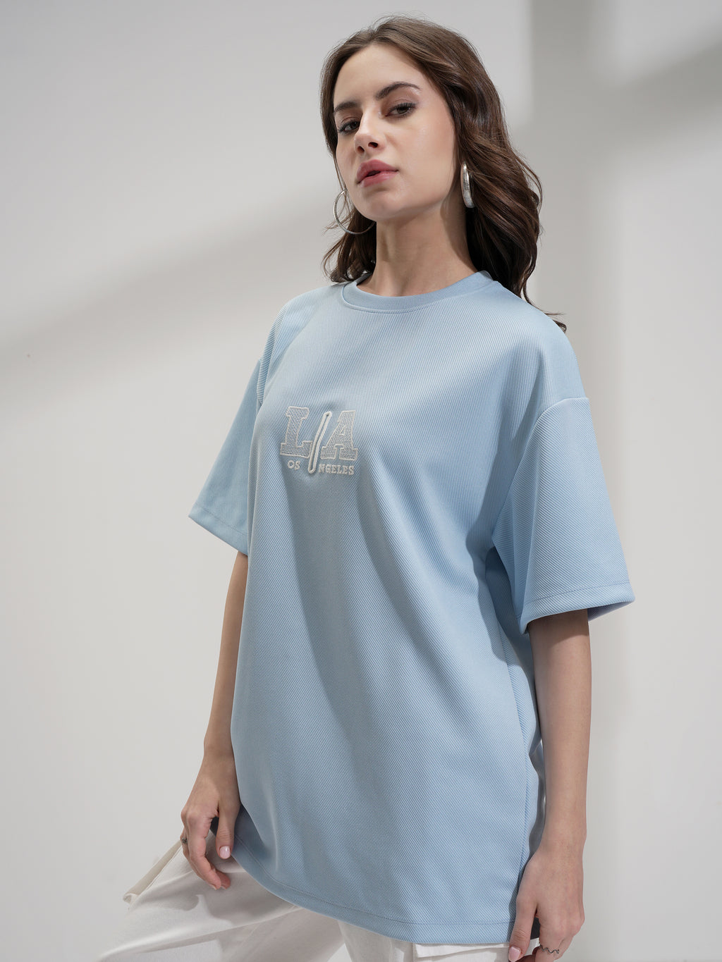Tokyo Talkies Women Blue Embroidered Round Neck Oversized Fit T-Shirt - Blue - Image 4