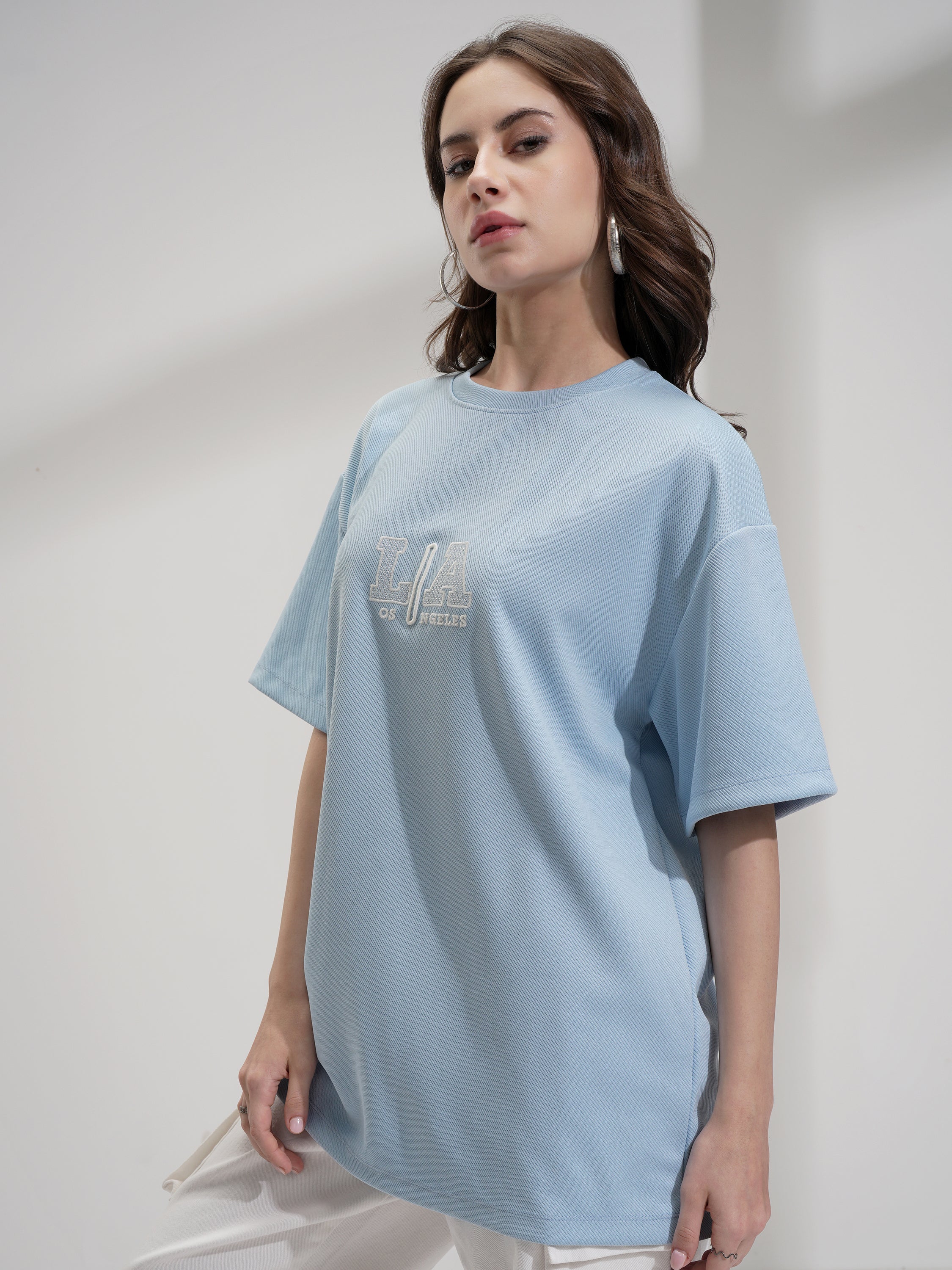 Tokyo Talkies Women Blue Embroidered Round Neck Oversized Fit T-Shirt - Blue - Image 4