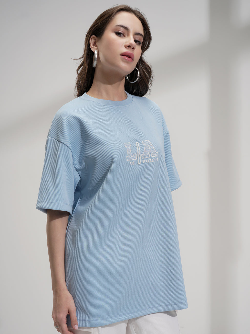 Tokyo Talkies Women Blue Embroidered Round Neck Oversized Fit T-Shirt - Blue - Image 6