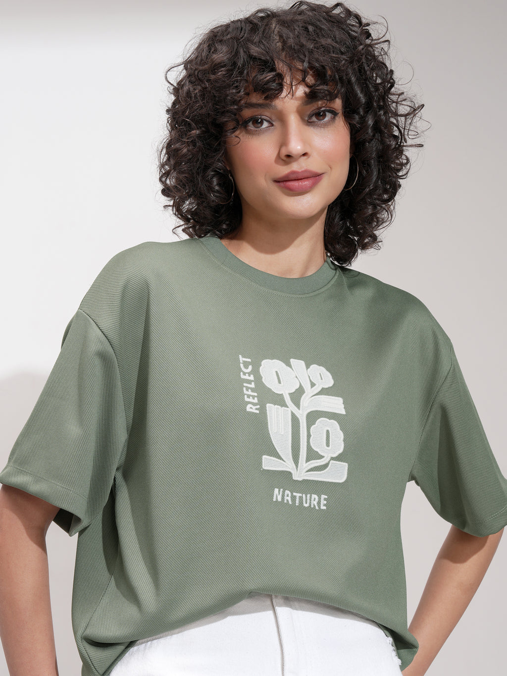 Tokyo Talkies Women Green Embroidered Round Neck Oversized Fit T-Shirt - Green - Image 1