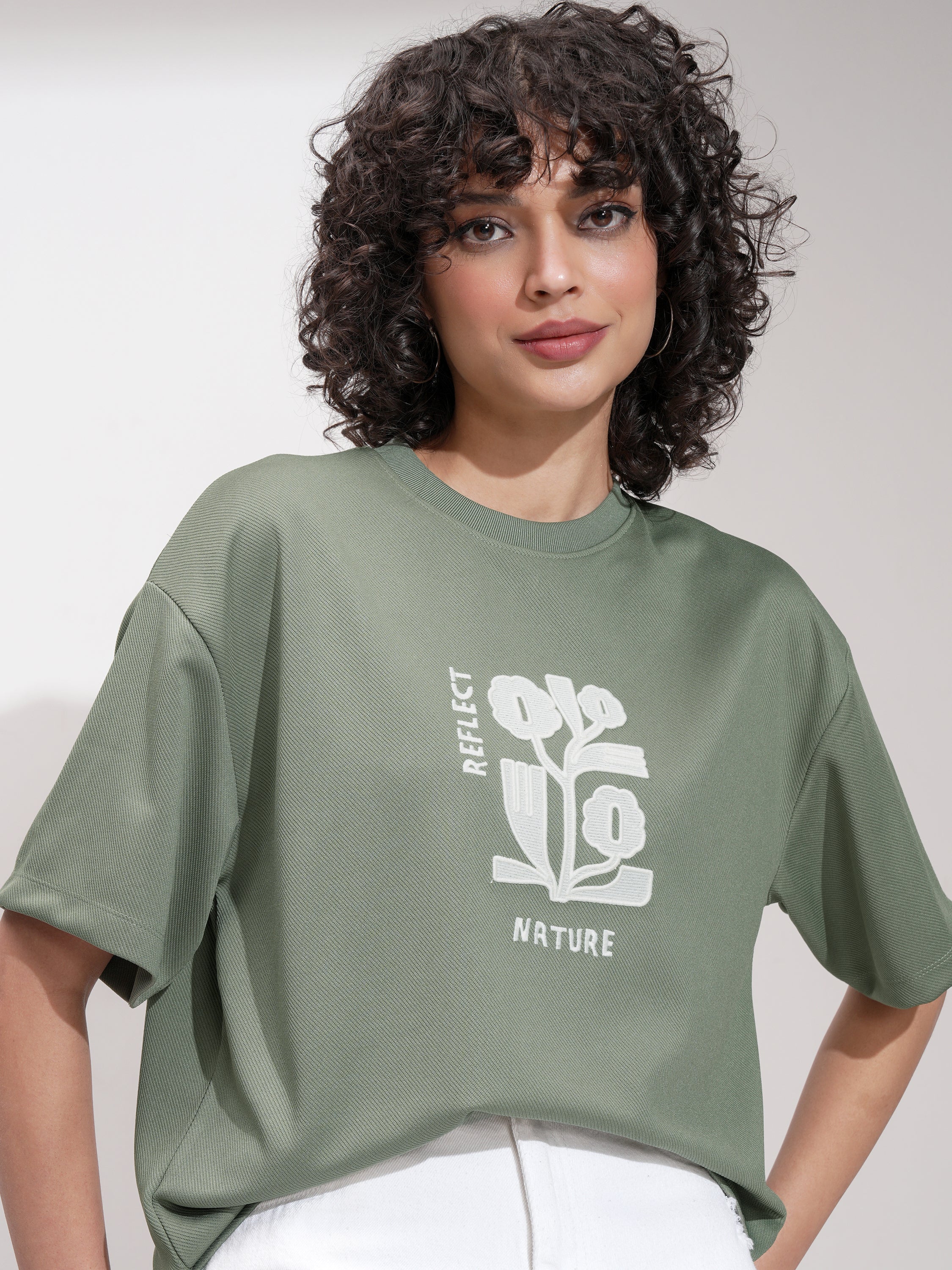 Tokyo Talkies Women Green Embroidered Round Neck Oversized Fit T-Shirt - Green - Image 1