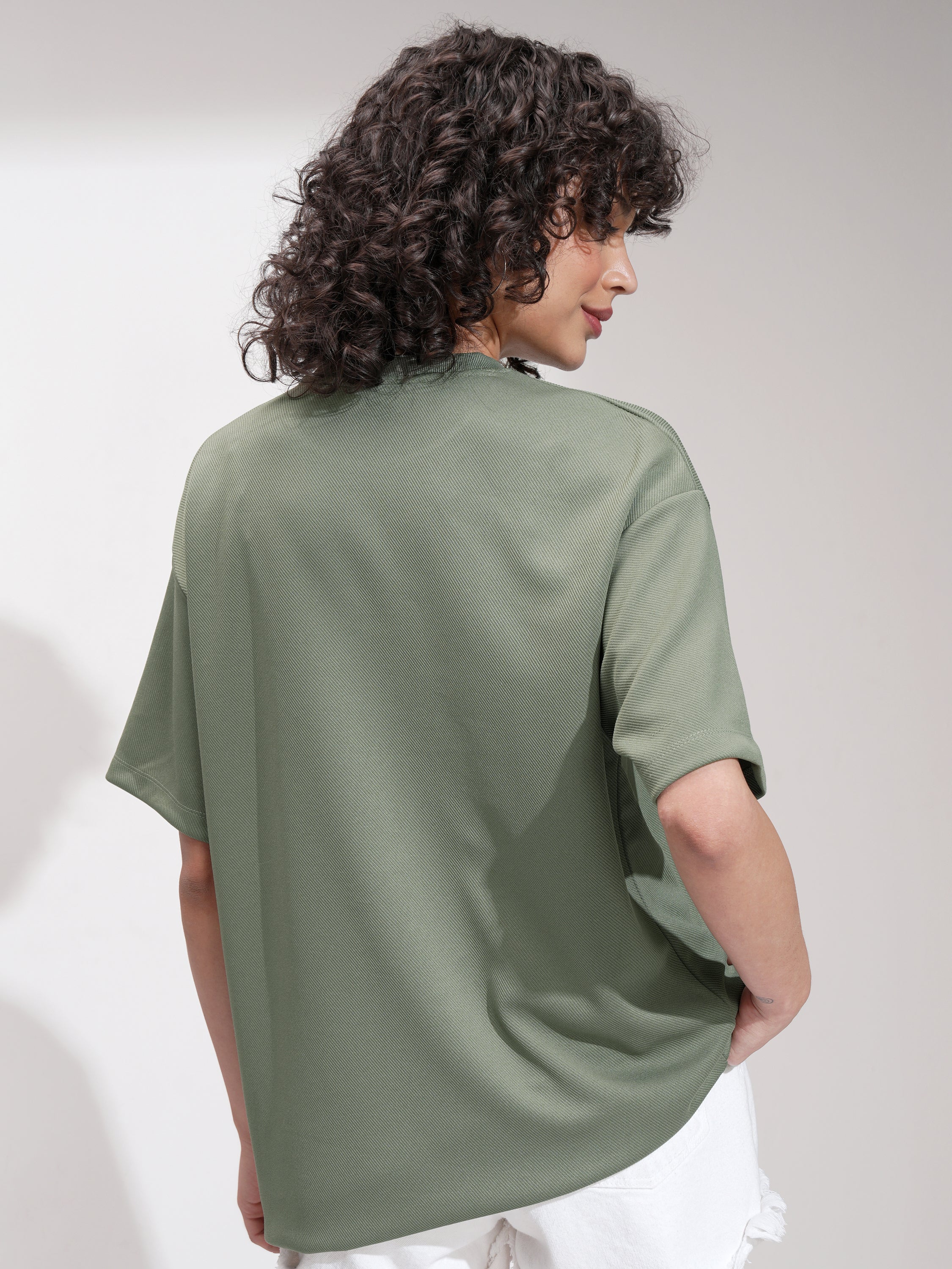 Tokyo Talkies Women Green Embroidered Round Neck Oversized Fit T-Shirt - Green - Image 3
