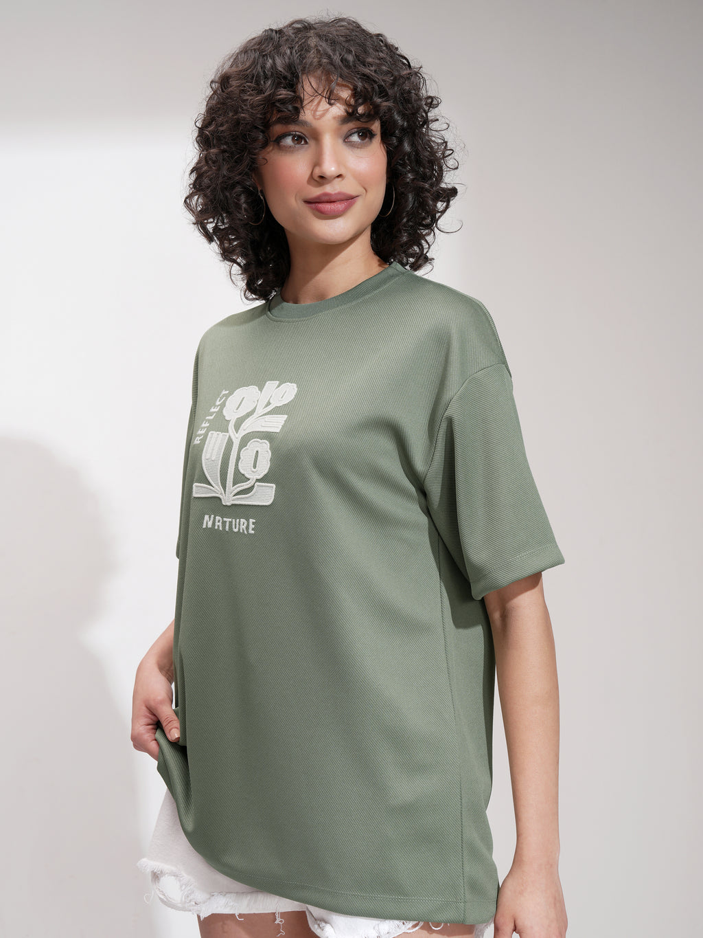 Tokyo Talkies Women Green Embroidered Round Neck Oversized Fit T-Shirt - Green - Image 4