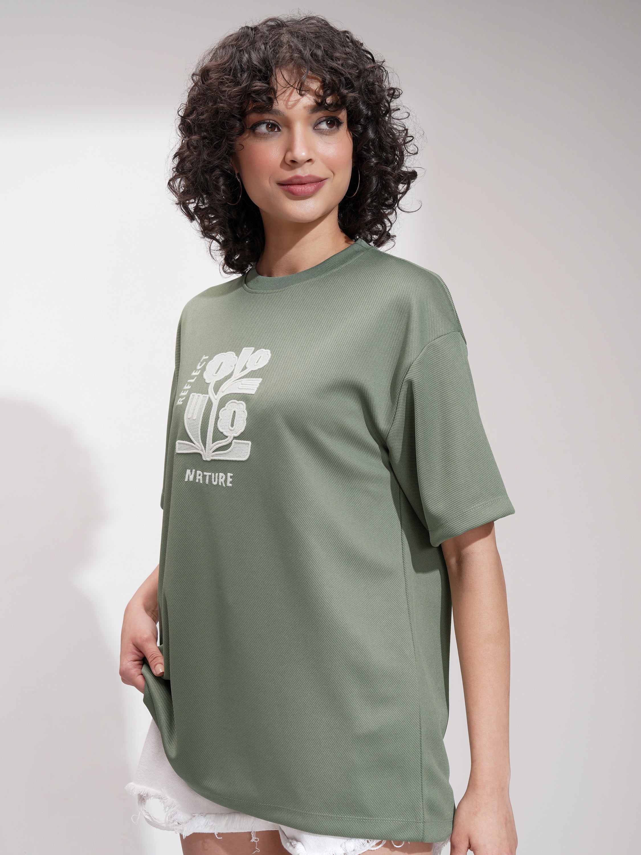 Tokyo Talkies Women Green Embroidered Round Neck Oversized Fit T-Shirt - Green - Image 4