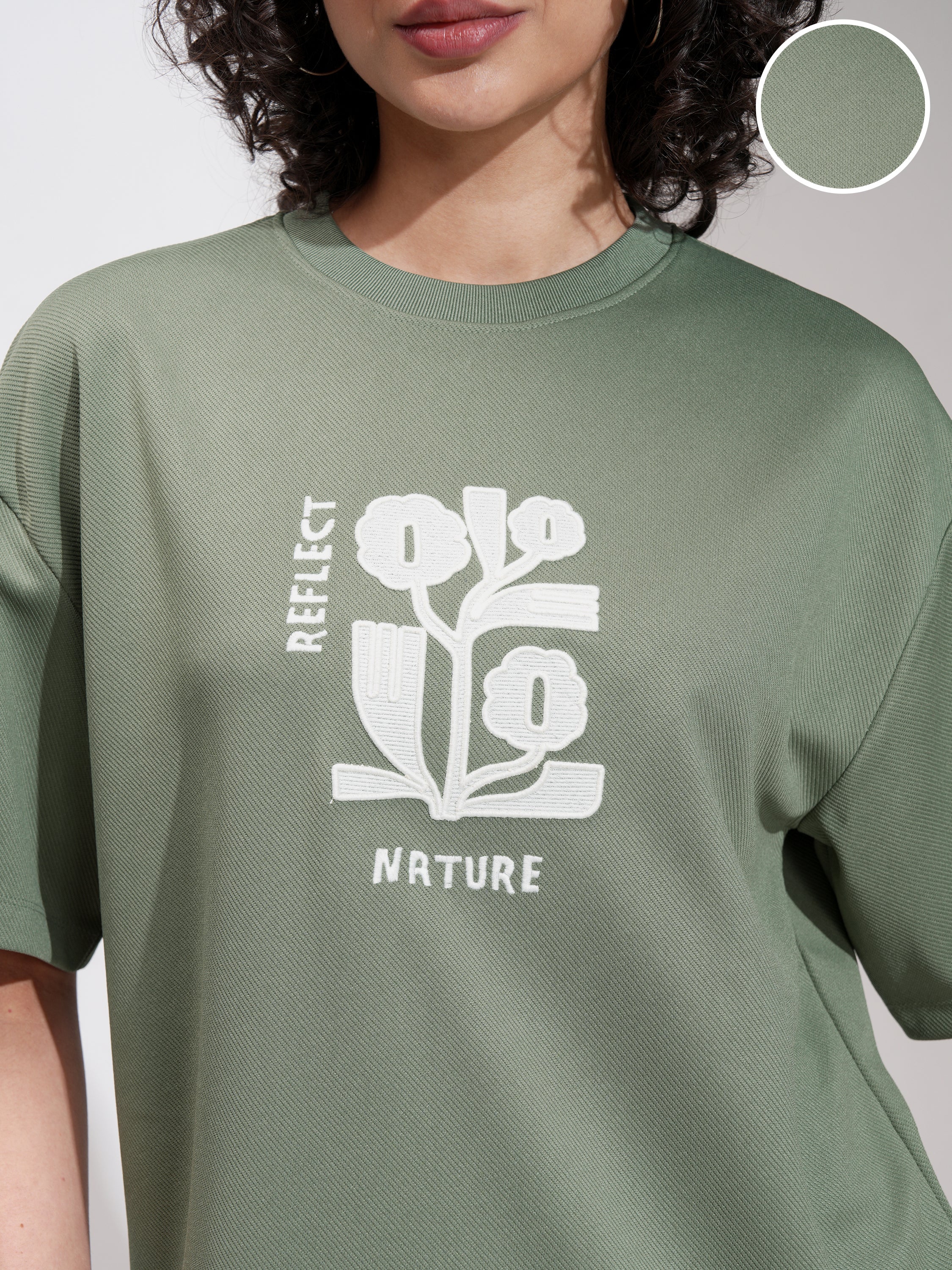 Tokyo Talkies Women Green Embroidered Round Neck Oversized Fit T-Shirt - Green - Image 5