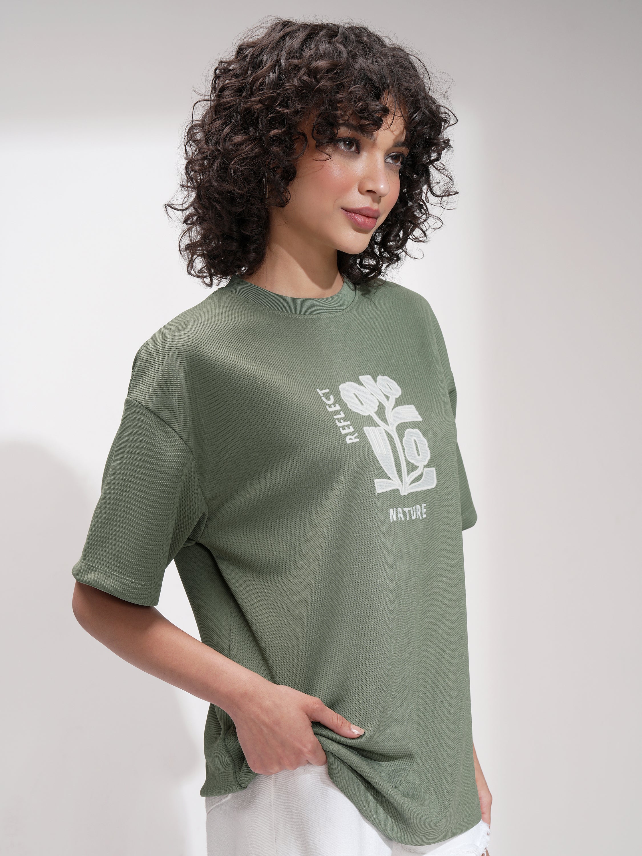 Tokyo Talkies Women Green Embroidered Round Neck Oversized Fit T-Shirt - Green - Image 6