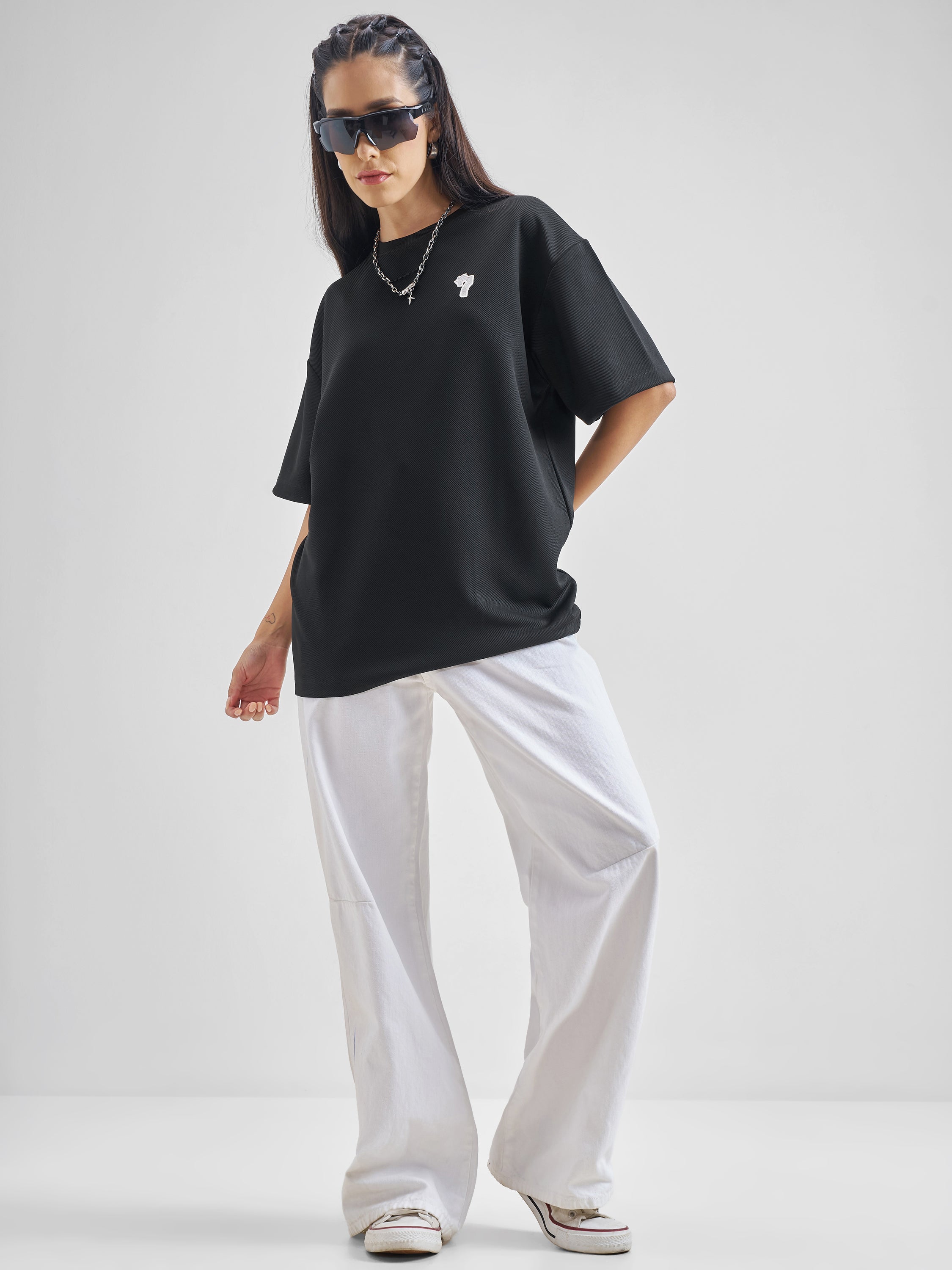 Street By Tokyo Talkies Women Black Printed Round Neck Oversized Fit T-Shirt - Black - Image 2