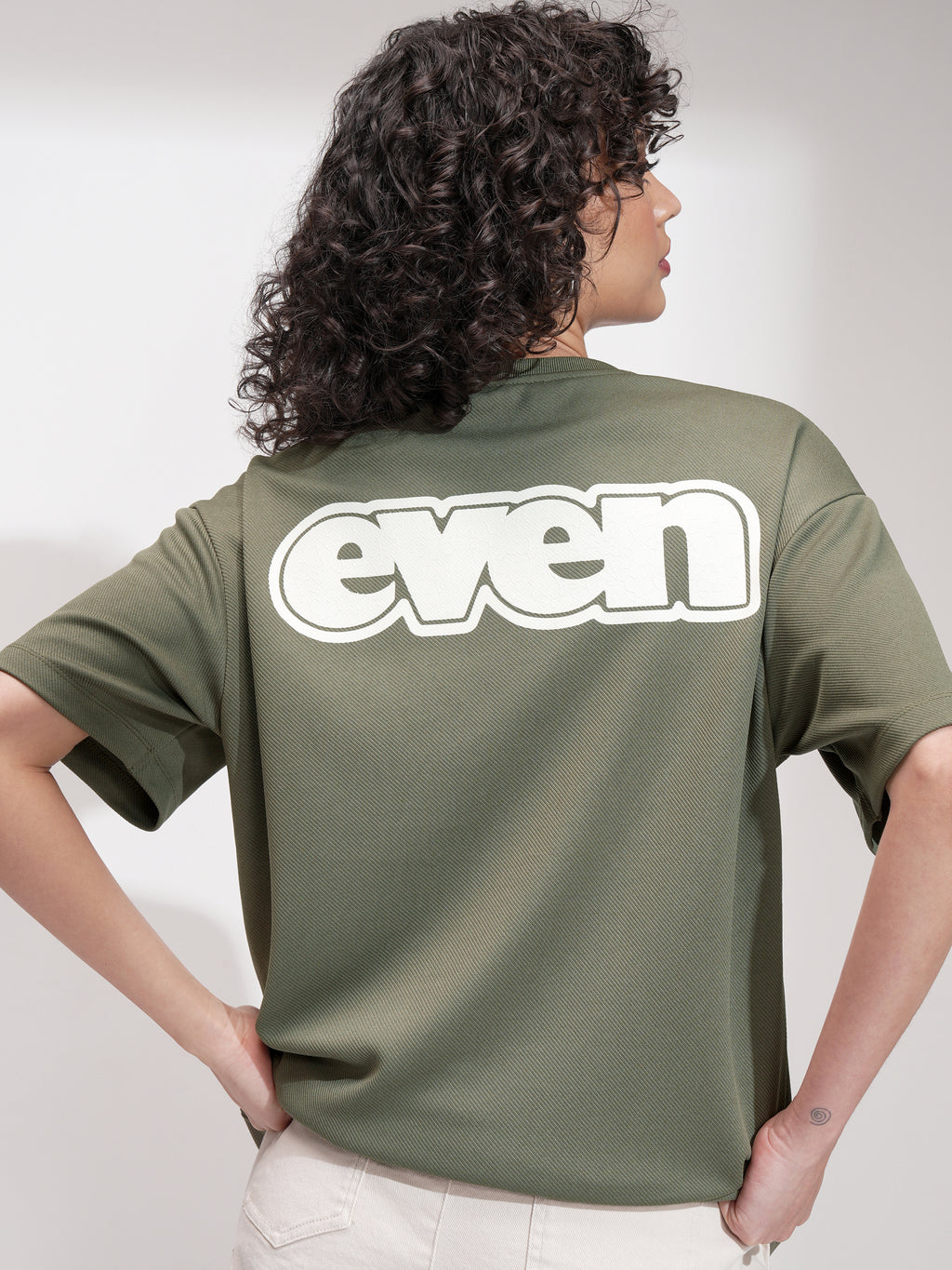 Tokyo Talkies Women Olive Self Design Oversized Fit T-Shirt - Olive - Image 1
